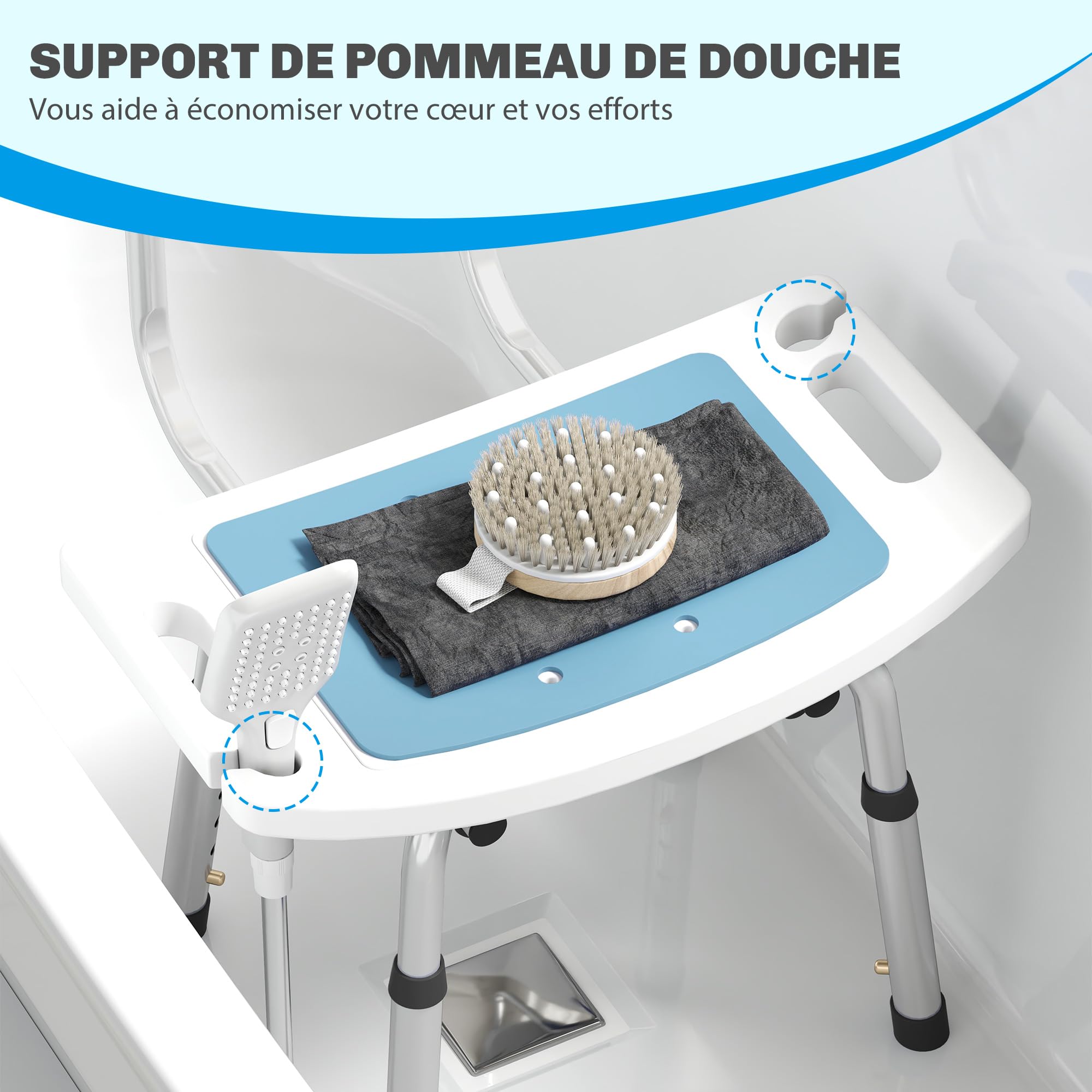 HOMCOM Taburete de ducha Silla de ducha para personas mayores y discapacitadas, con respaldo, asiento curvado, altura ajustable, patines antideslizantes y soporte para cabezal de ducha de aluminio