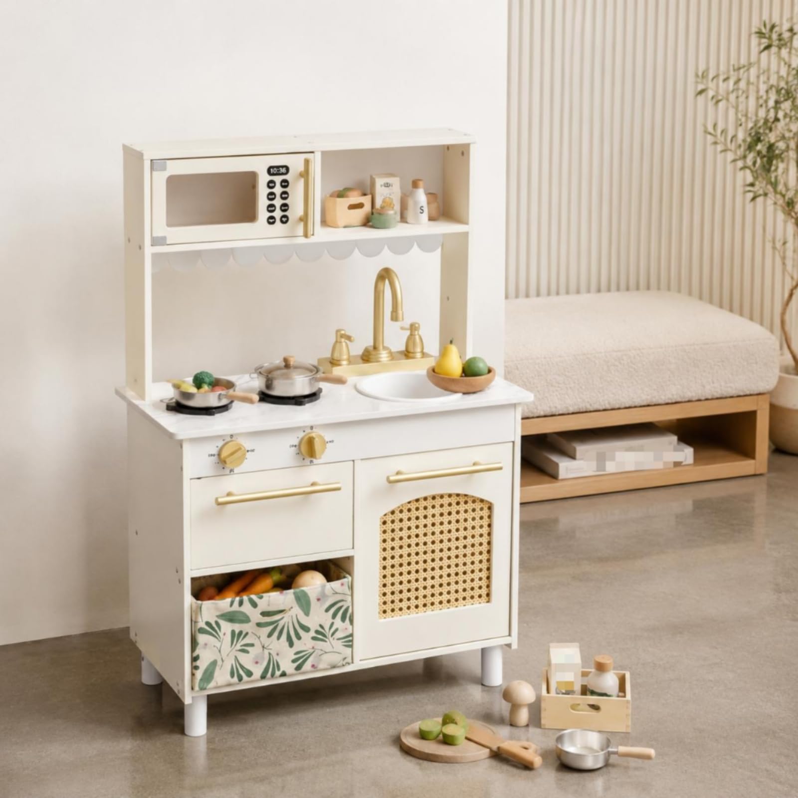 Kinder Spielküche Holz Spielset Kinderküche Puppenküche Küchenstation mit Spüle Herd Mikrowellenfach Drehknöpfen Rattanakzenten für Rollenspiele