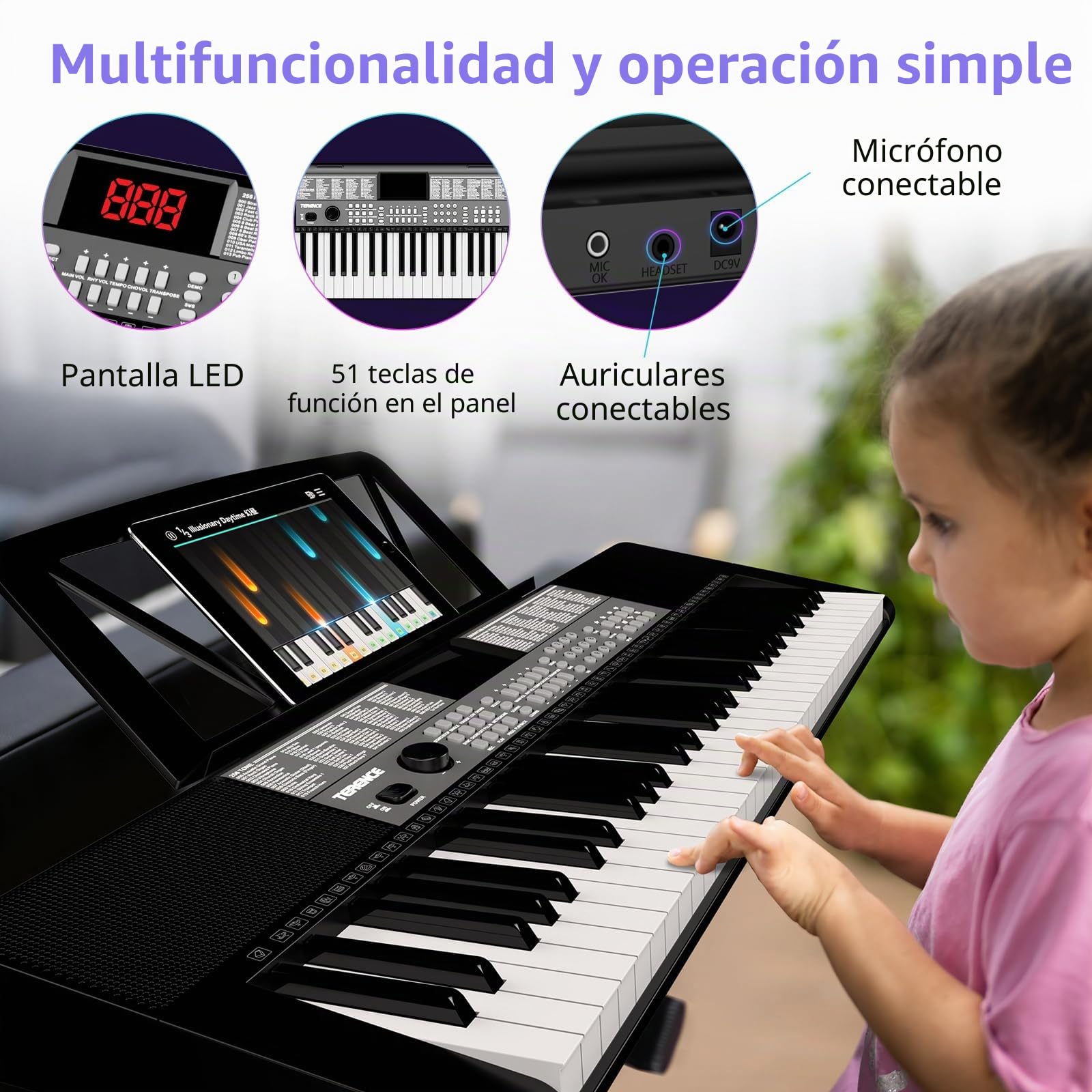 TERENCE Piano Digital 61 Teclas Altavoces HiFi Duales Piano Electrico con 51 Botones de Función en el panel Pantalla LED Teclado Dual 2 Opciones de Alimentación Soporte para Auriculares y Micrófono