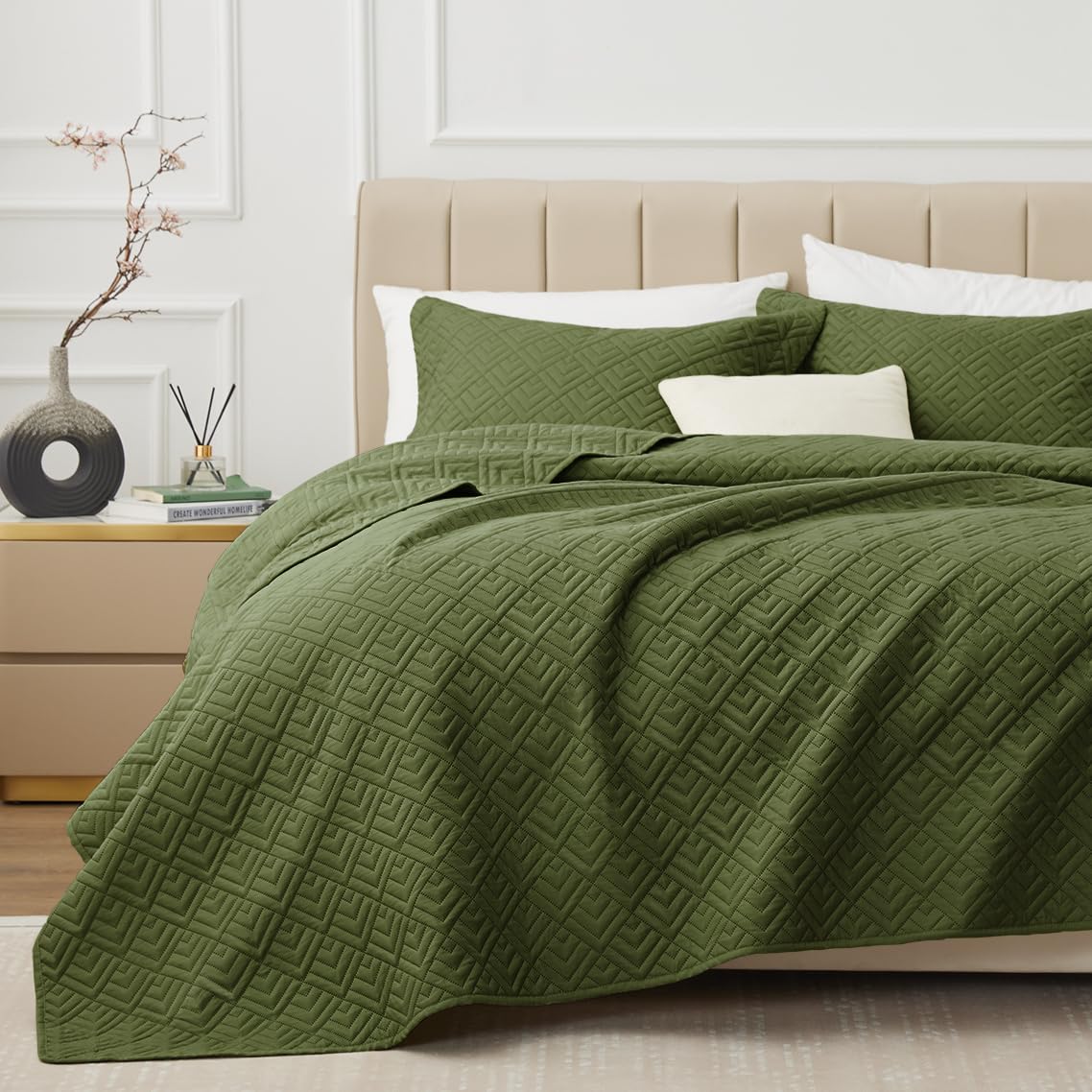 EXQ Home Quilt Set King Size Forest Green 3 Piece,Lightweight Soft Coverlet Modern Style Squares Pattern Bedspread Set(1 Quilt,2 Pillow Shams)