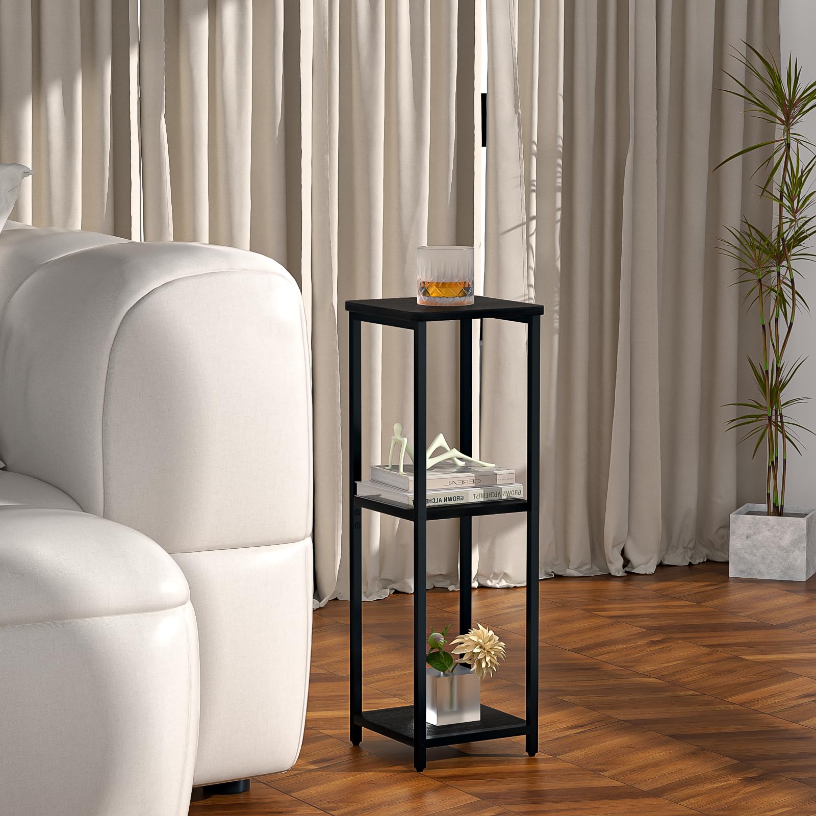 GHIMIGN 10" Wide Square Drink Table with Adjustable Feet - 3-Tier Small Side Table for Apartments, Balcony & Office | Space-Saving, Lightweight & Multi-Functional (Plants, Books, Drinks,Black) 1