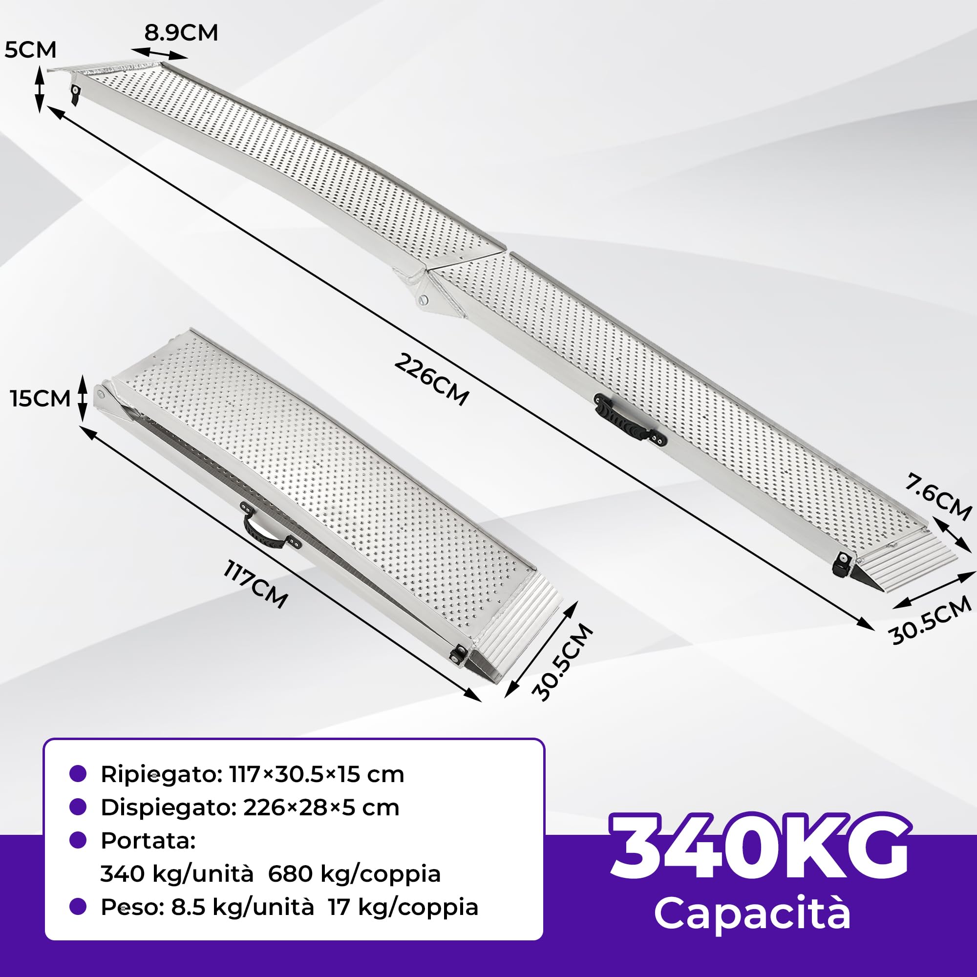 FACHNUO Rampa pieghevole in alluminio, 228 x 28 cm, portata 340 kg, per moto, quad, pick-up con manico portatile, superficie antiscivolo, salvaspazio (1 pezzo, argento)