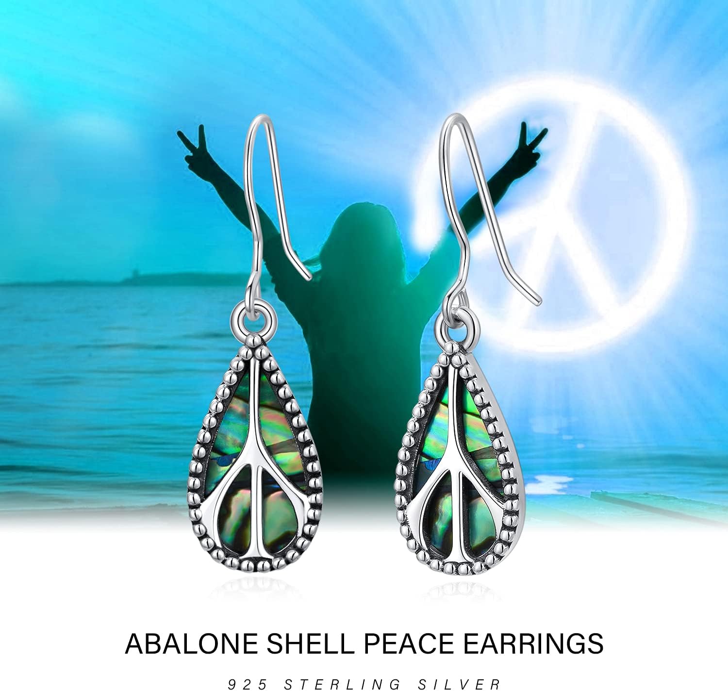 Peace Sign Earrings 925 Sterling Silver Abalone Shell Dangle Drop Earrings Peace Sign Hippie Jewelry Gifts for Women - Image 7