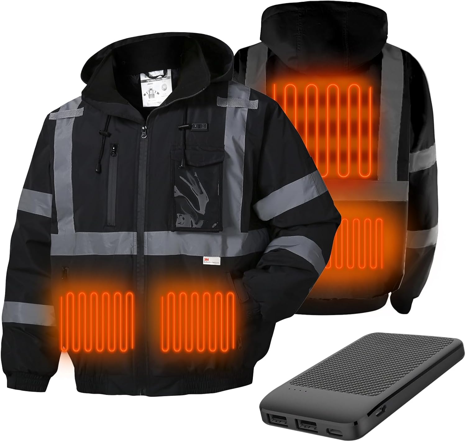 SKSAFETY Professional Level Heated Safety Bomber Jacket, Class 3 Hi-Vis Waterproof Coat, 3M Reflective Tape, Work Construction Coats for Cold Weather (Black 5XL) 5X-Large Black