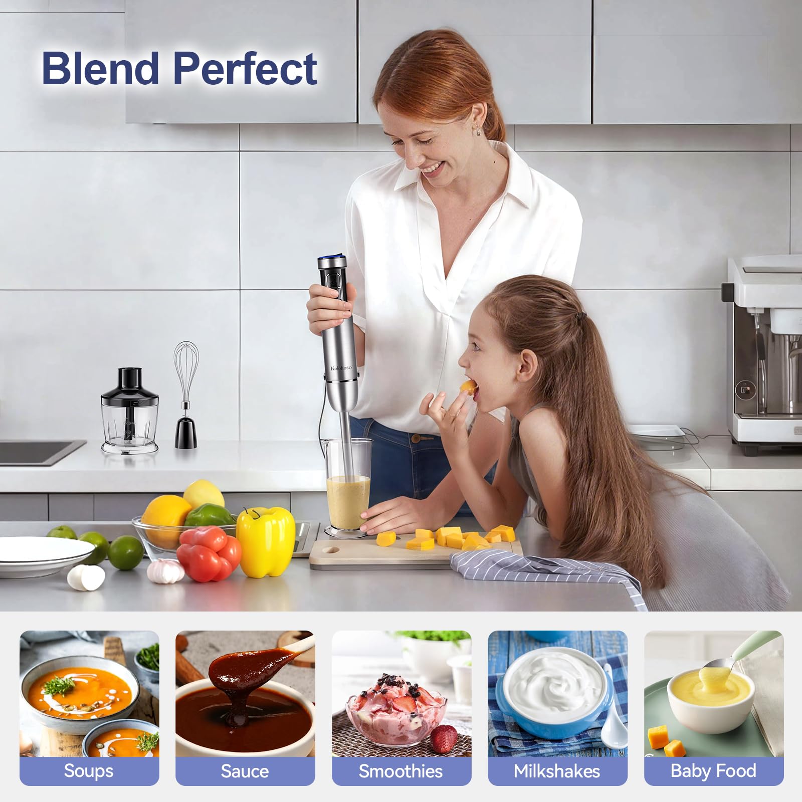 1500W Frullatore a Immersione, Multifunzione Immersione da 4 in 1, Mixer Cucina, 25 Velocità e Turbo, con Frusta, Tritatutto da 500 ml e Misurino da 700 ml, per Preparare Pappe Zuppe e Salse