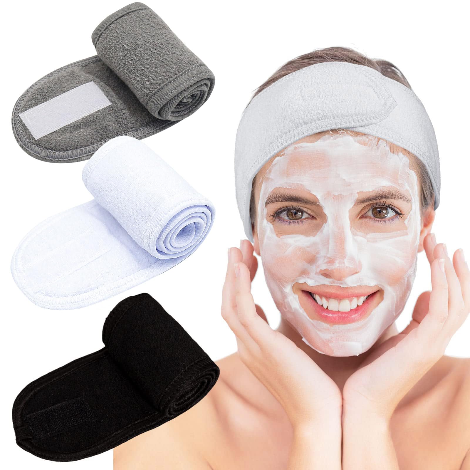 Darkye3-Pack Spa Facial Headband Set - Terry Cloth Adjustable Headbands for Makeup, Face Washing, and Shower - White, Black, Gra