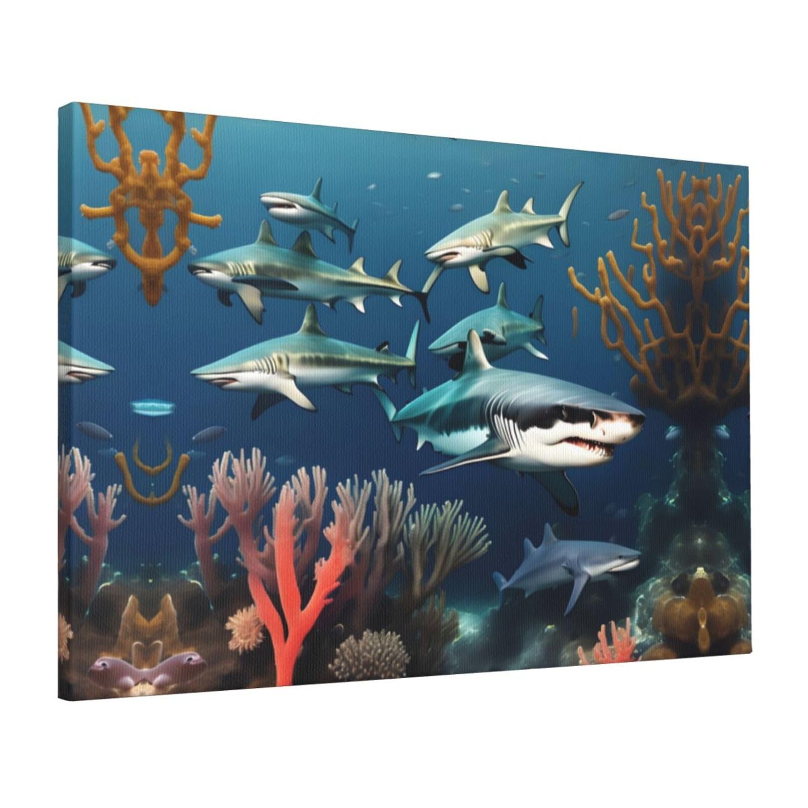 CNTDBU Sharks under the sea Canvas Wall Art 16x24 Inch-Large Modern Painting Print for Living Room, Framed Ready to Hang Artwork for Bedroom