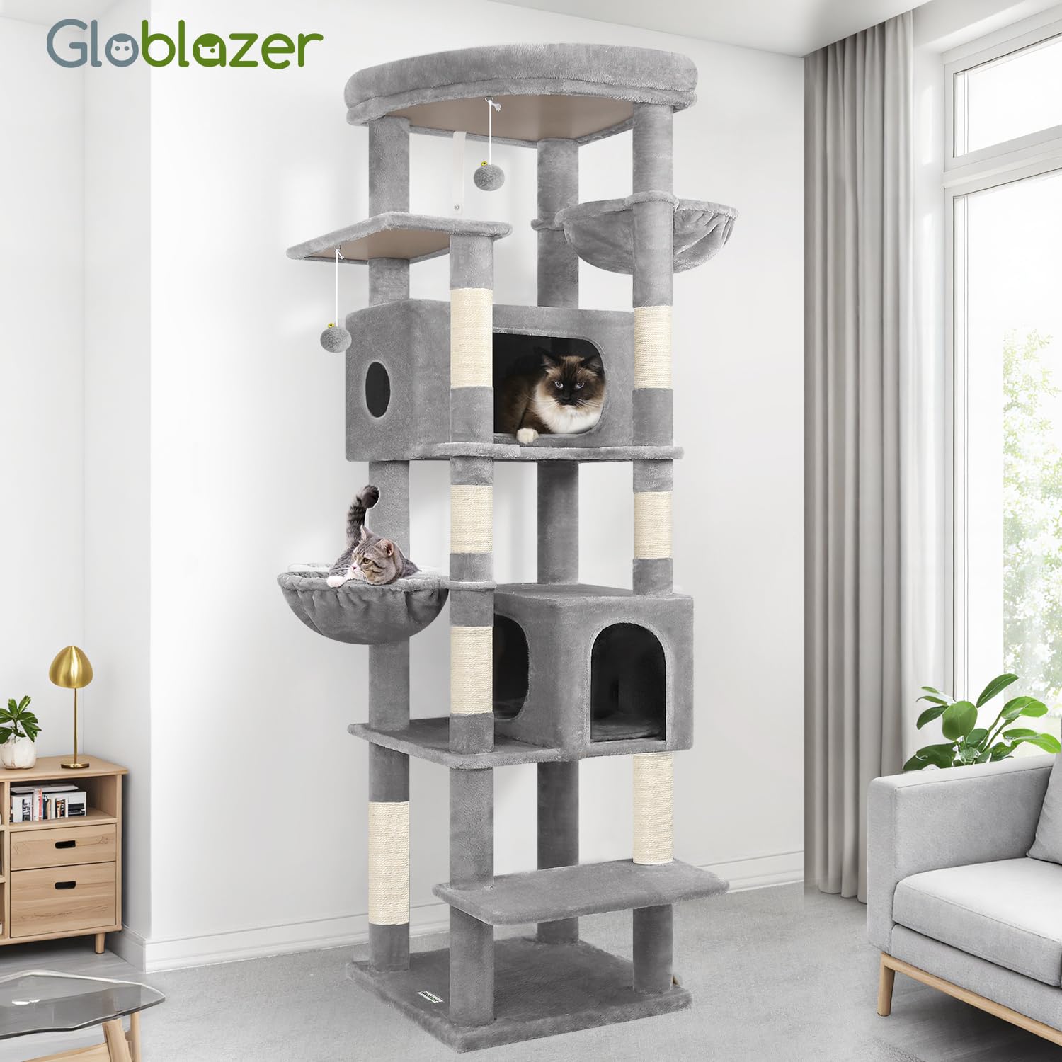 Globlazer Kratzbaum Große hoch 188 cm mit 2 Großer Katzenhaus, Gepolsterte Plattform, 2 Katzenkorb Vergrößern, Reinigbar Katzenbaum Ecke Stabil Kippsicher für Große Katzen Schwere (S74, Hellgrau)
