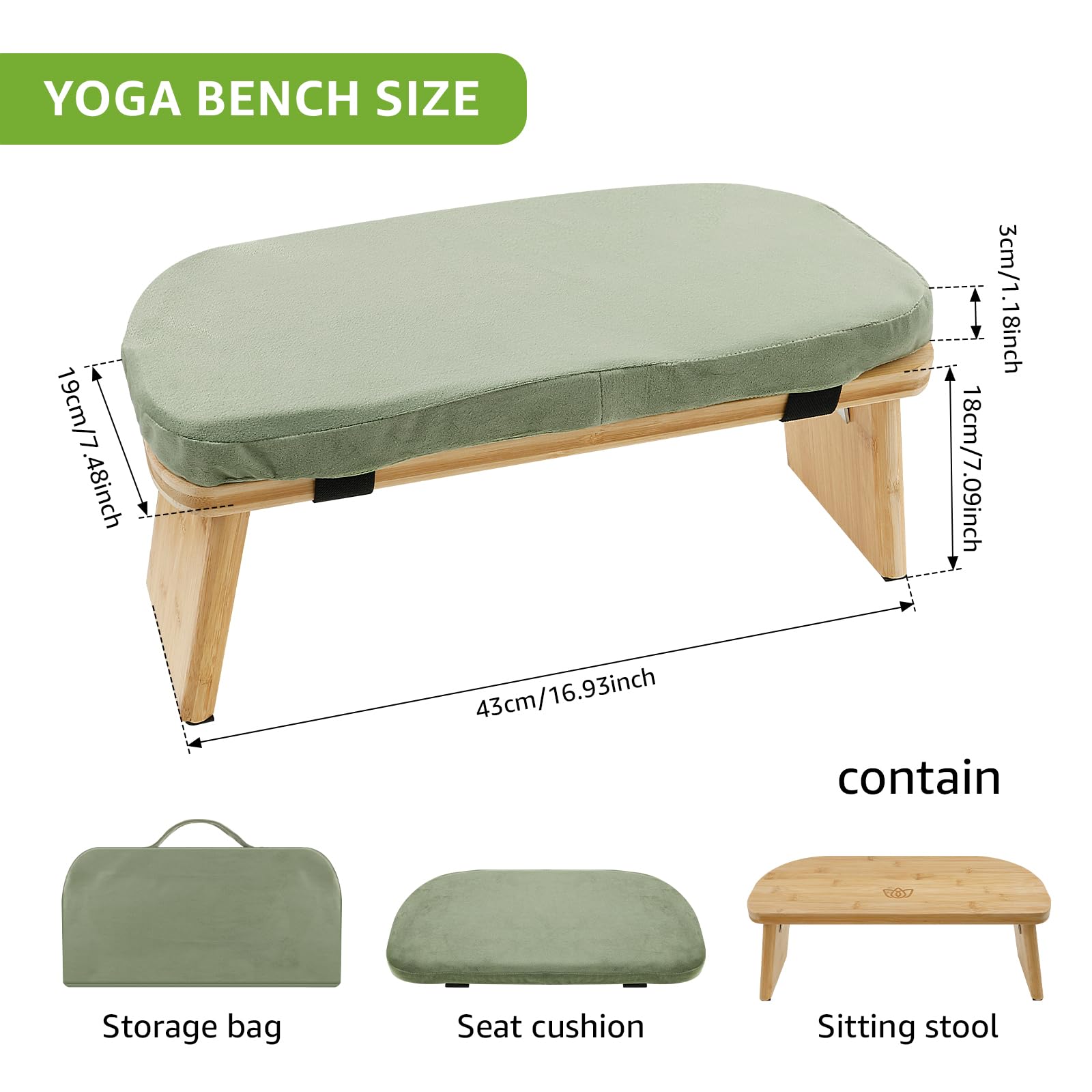 Meditationsbank,klappbarer Meditationshocker aus Bambus,Yoga Hocker mit Kissen,ergonomische Meditationsstuhl,Yoga Stuhl für spirituelle Momente im Alltag(Grün)