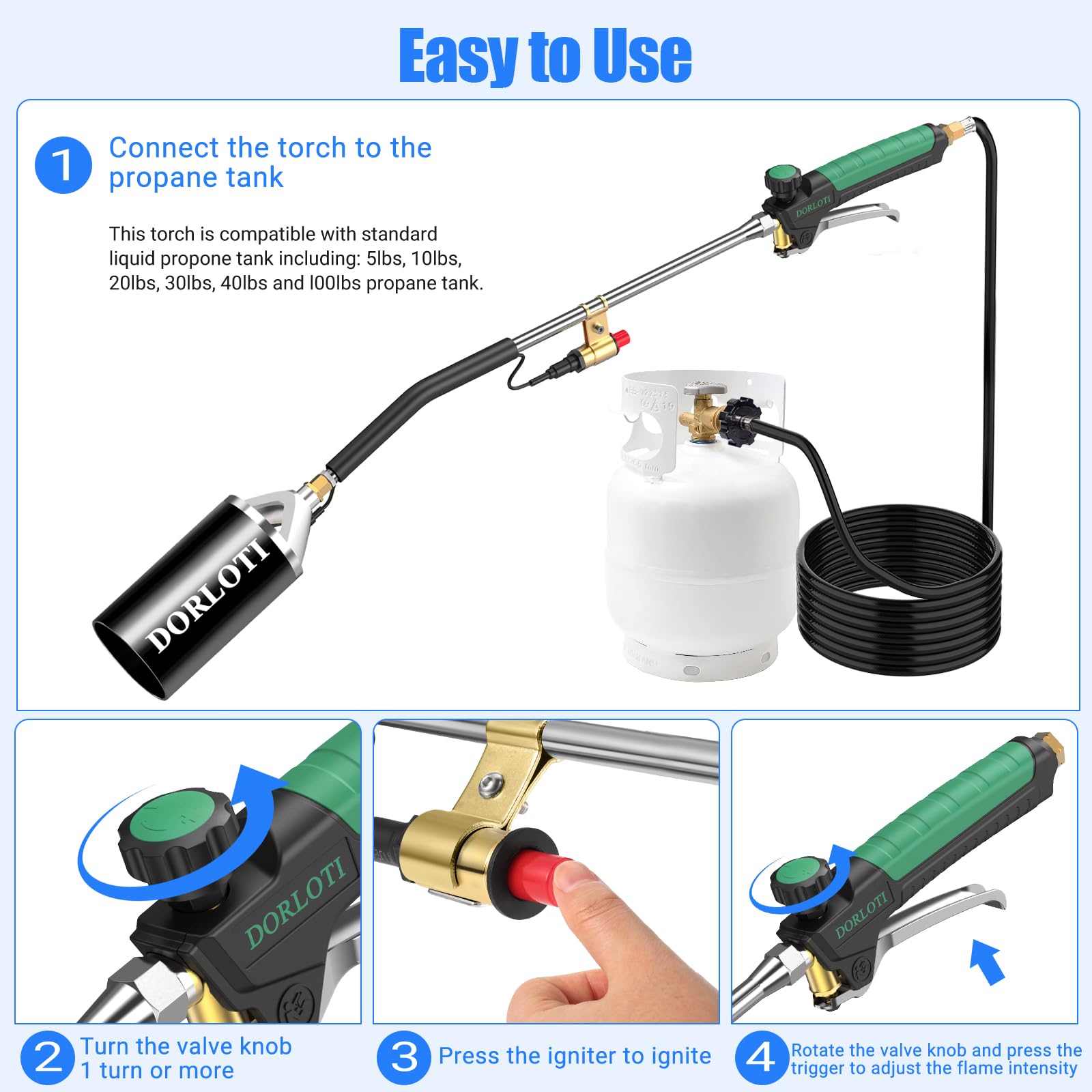 Kit de brûleur de mauvaises herbes au propane avec tuyau de 3 m, auto-allumage pour désherbage, asphalte, fonte de neige, marquage routier, barbecue