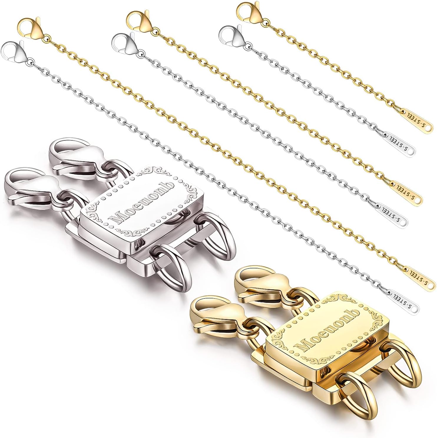 2 Pieces Upgraded Necklace Layering Clasps + 6 Pcs Necklace Extenders -14K Real Gold Plated and Sliver Layered Necklace Clasp - Necklace Separator for Layering - Multiple Necklace Detangler