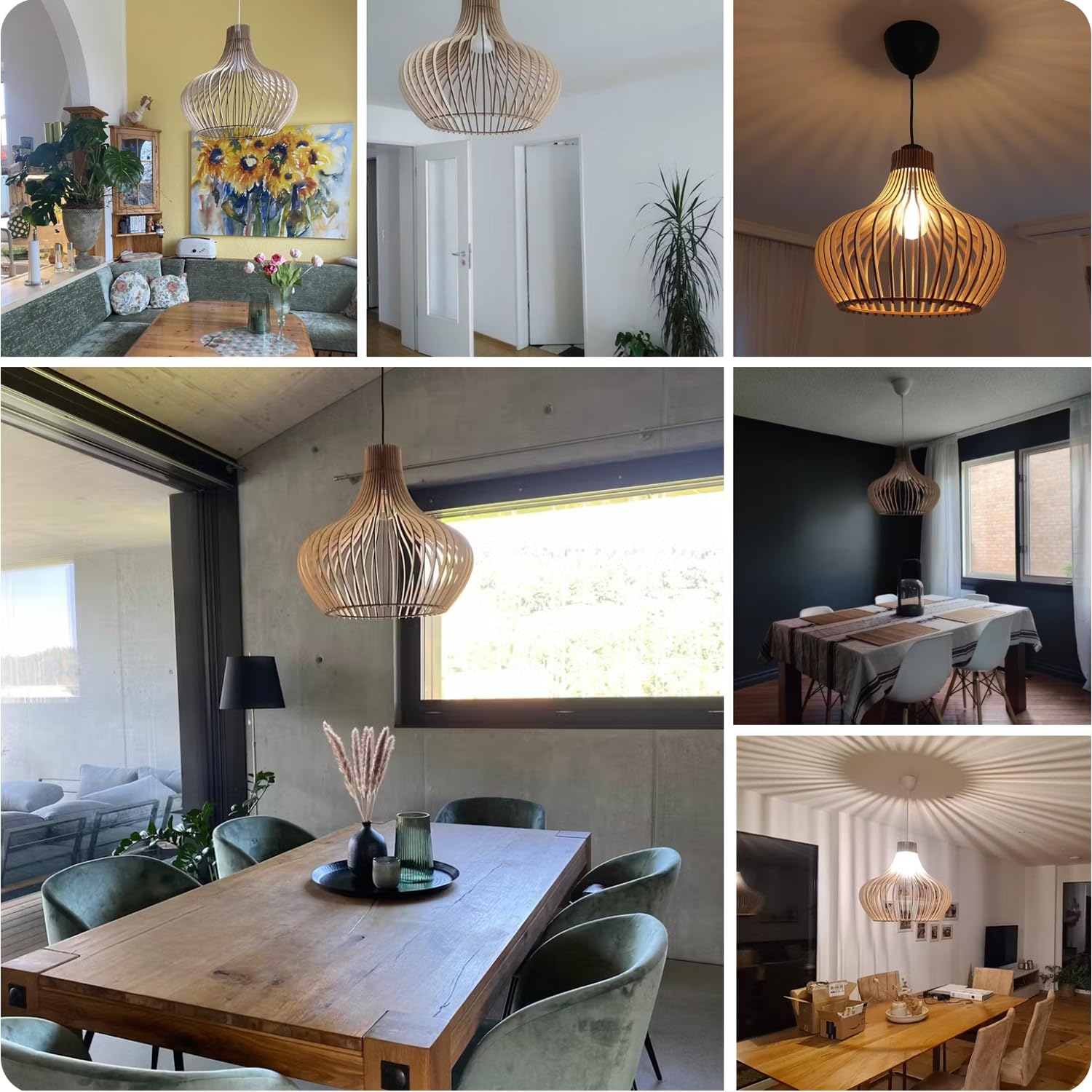 Pendelleuchte Holz „Iduna“, skandinavische Hängelampe Esstisch + Wohnzimmer, Boho Hängeleuchte höhenverstellbar + dimmbar mit E27 Fassung (HxD 50x55 cm, Iduna)