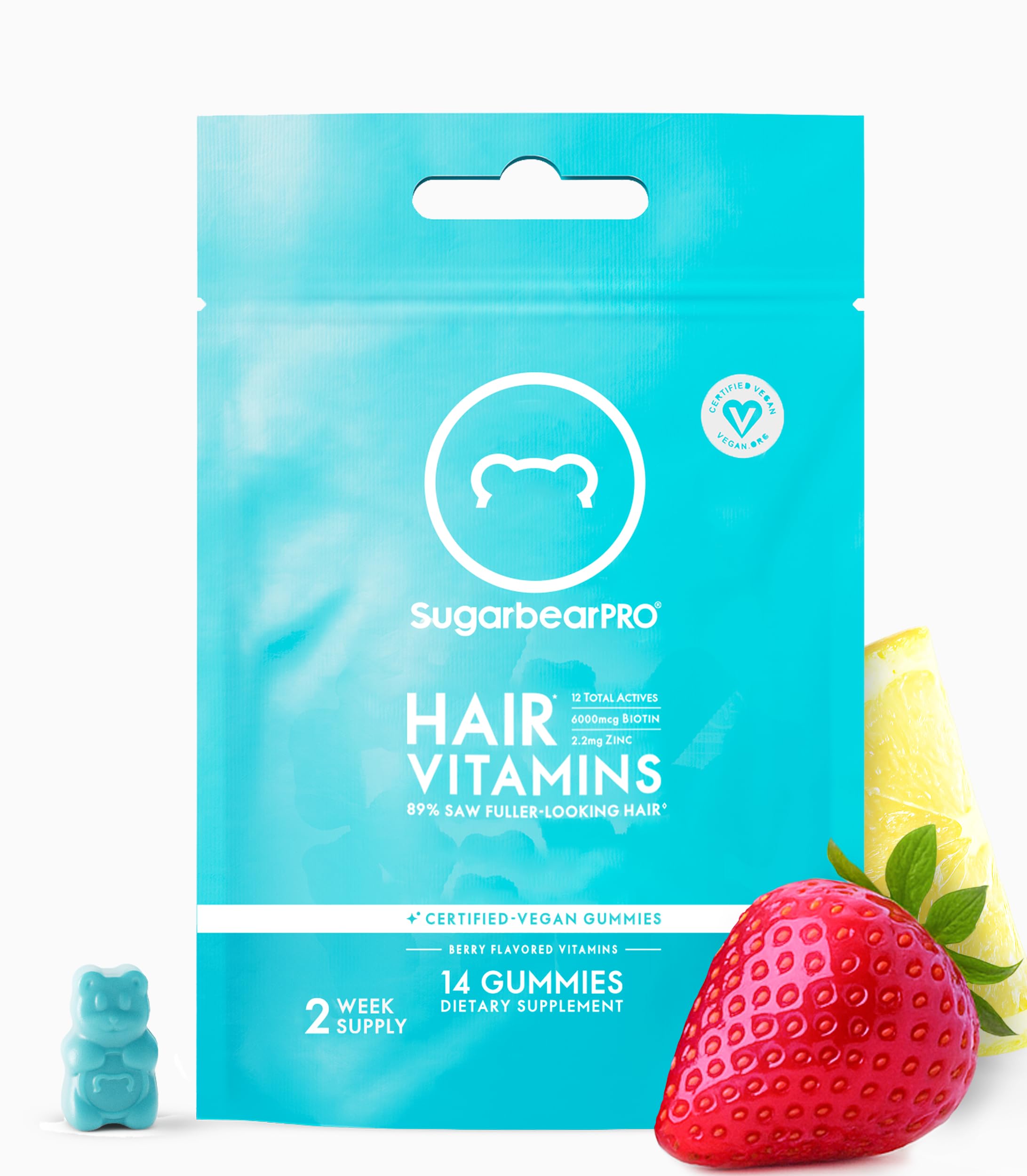 SugarBearPro Hair Vitamin Gummy 14 Day Supply Extra Strength Biotin 6000mcg, Growth for Men & Women, Vegan Vitamin B12, MSM, Inositol, Omega 3, Elderberry, Certified Kosher, Halal, Cruelty-Free