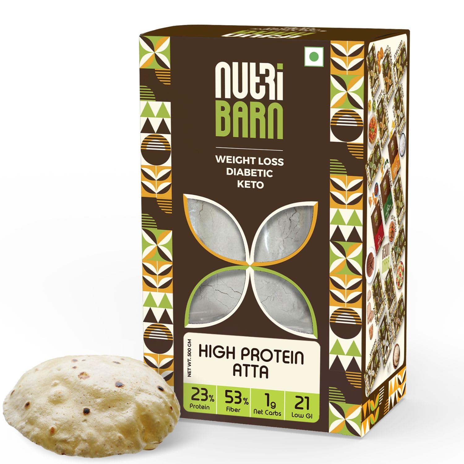 Nutribarn High Protein Low Carb Atta 1 Kg | 23% Protein | 1g Net Carbs Per Roti | Lab Tested Low GI 21 | Diabetic Friendly, Weight Management Flour | 500g (Pack of 2)