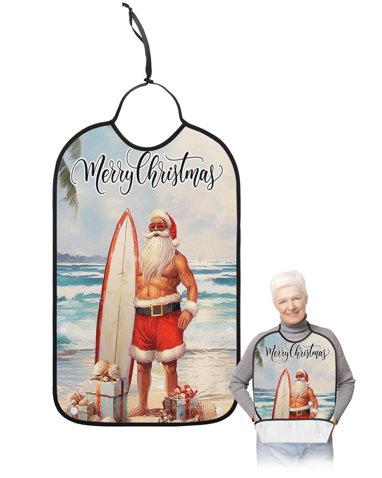 Jolunifun Christmas Summer Adult Bib for Adults Men, Women, Washable & Adjustable Terry Cloth Bib with Crumb Catcher Reusable Waterproof Clothing Clothes Protector Apron Beach Santa Surfboard Painted