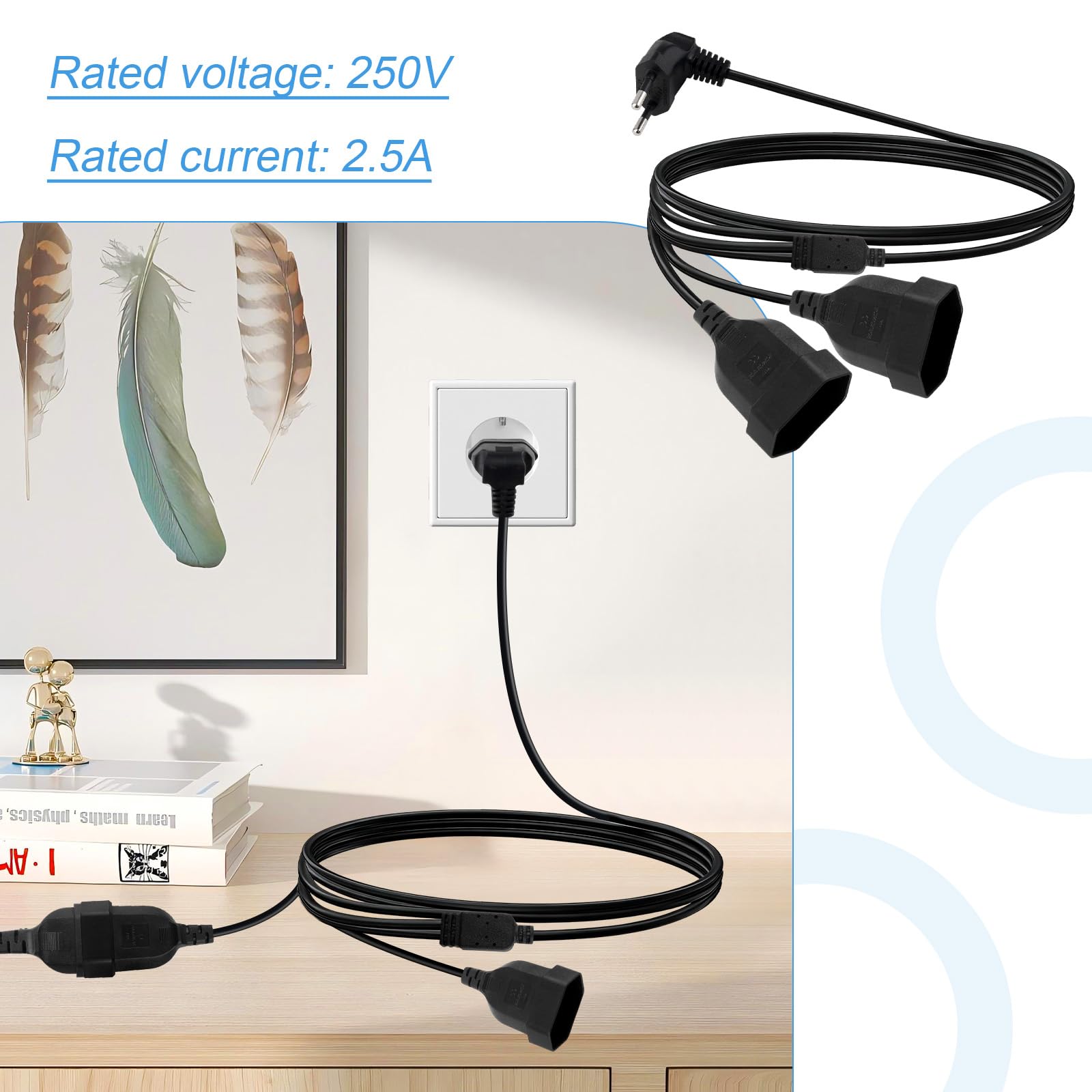 Prolunga Piatta 2 en 1 Europea 90 Gradi Cavo Prolunga Spina Piatta 250 V/2.5 A Max Ciabatta Presa 2 m per Elettrodomestici TV PC Monitor Proiettore Casa Ufficio (Nero) - 3