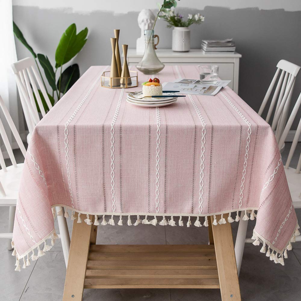 Wondder Cotton Linen Table Cloth Tassel Tablecloth for Party Banquet Dining Table Cover (Pink striped hollow, 140x200cm(55x78.7inch))