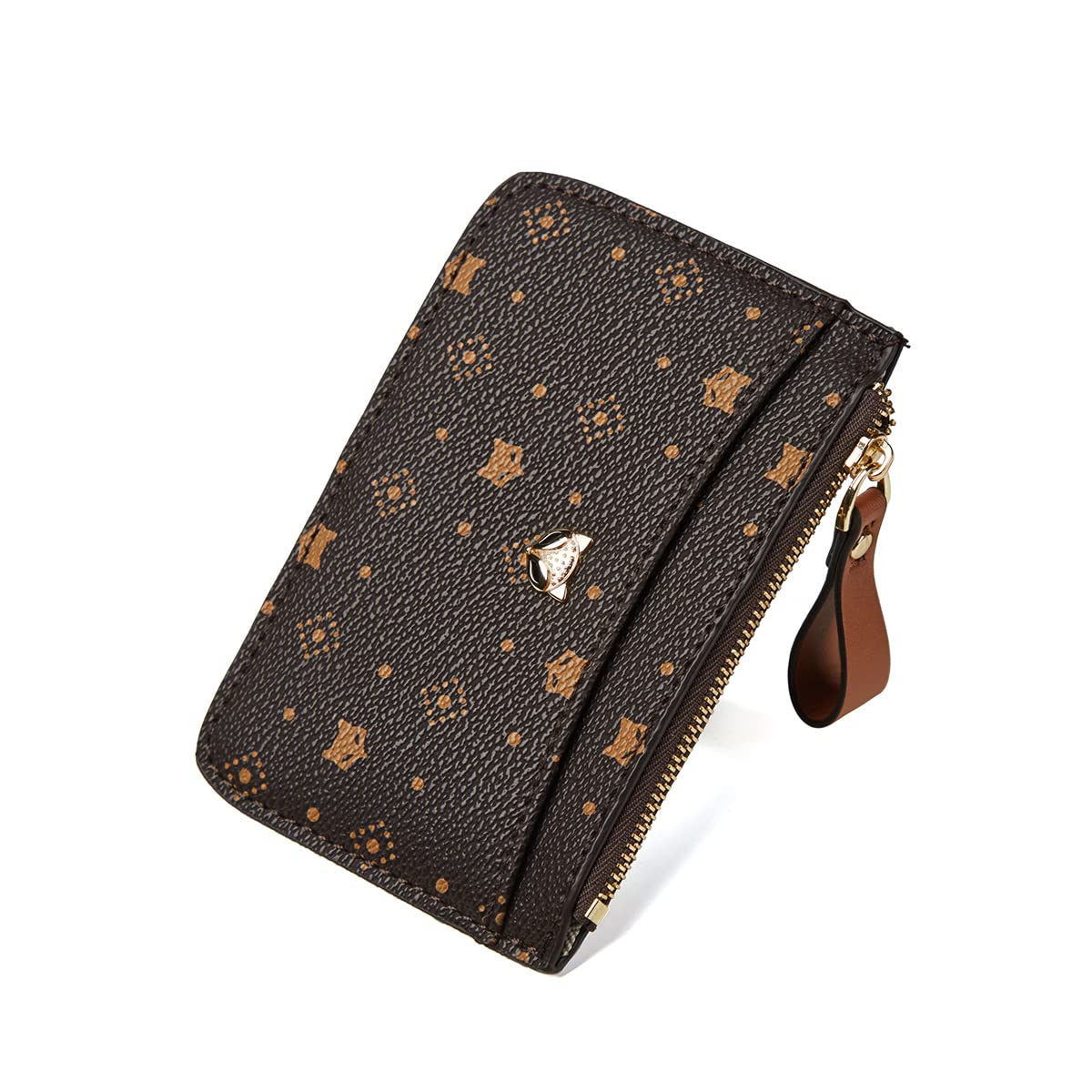 FOXLOVERWomen's Small PVC Leather Credit Card Holder RFID Blocking Compact Zipper Pocket Wallet Card Case Purse with ID Window (Classical pattern brown-A)