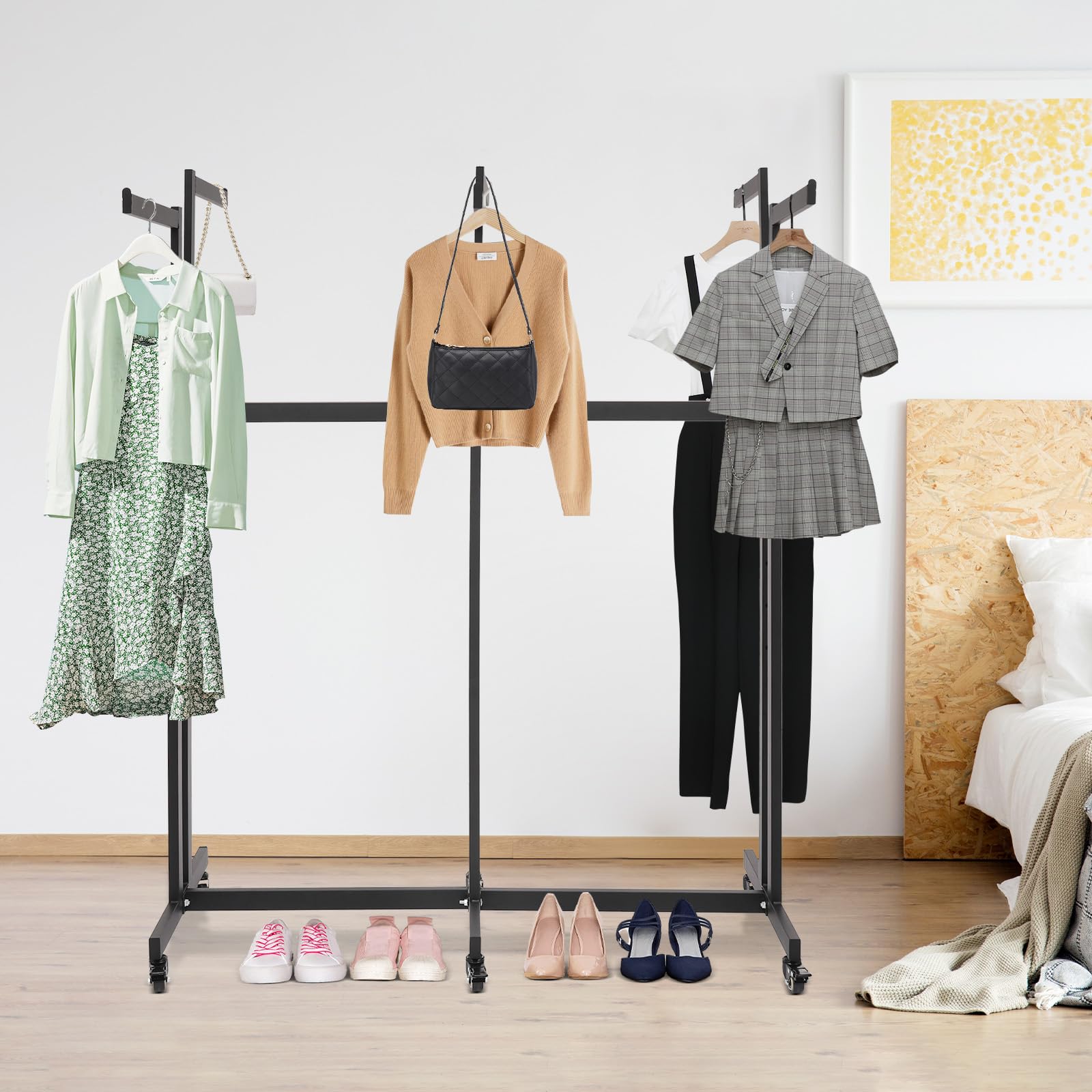 Ghankopd Floor Standing Metal Garment Rack 6 Way Clothing Rack Adjustable 3.94-5.18ft Heavy Duty Clothes Rack Garment Rack with Wheels for Retail Restaurants Storage Display (Black)