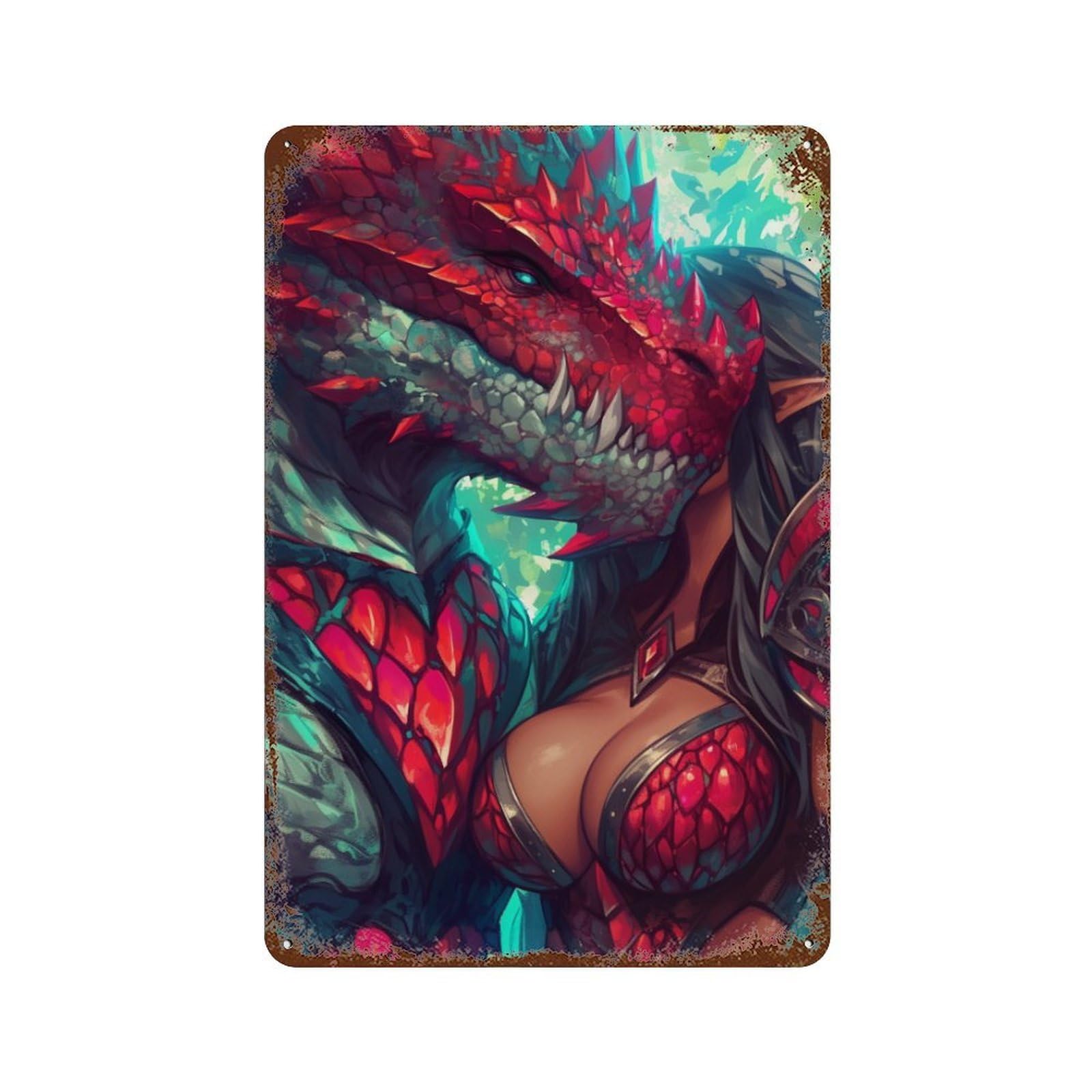 Rustic Tin Plaque Dragon Armor Fantasy Artwork-6 11.8"x7.9", Vintage Wall Decor for Pub, Kitchen And Man Cave Decor