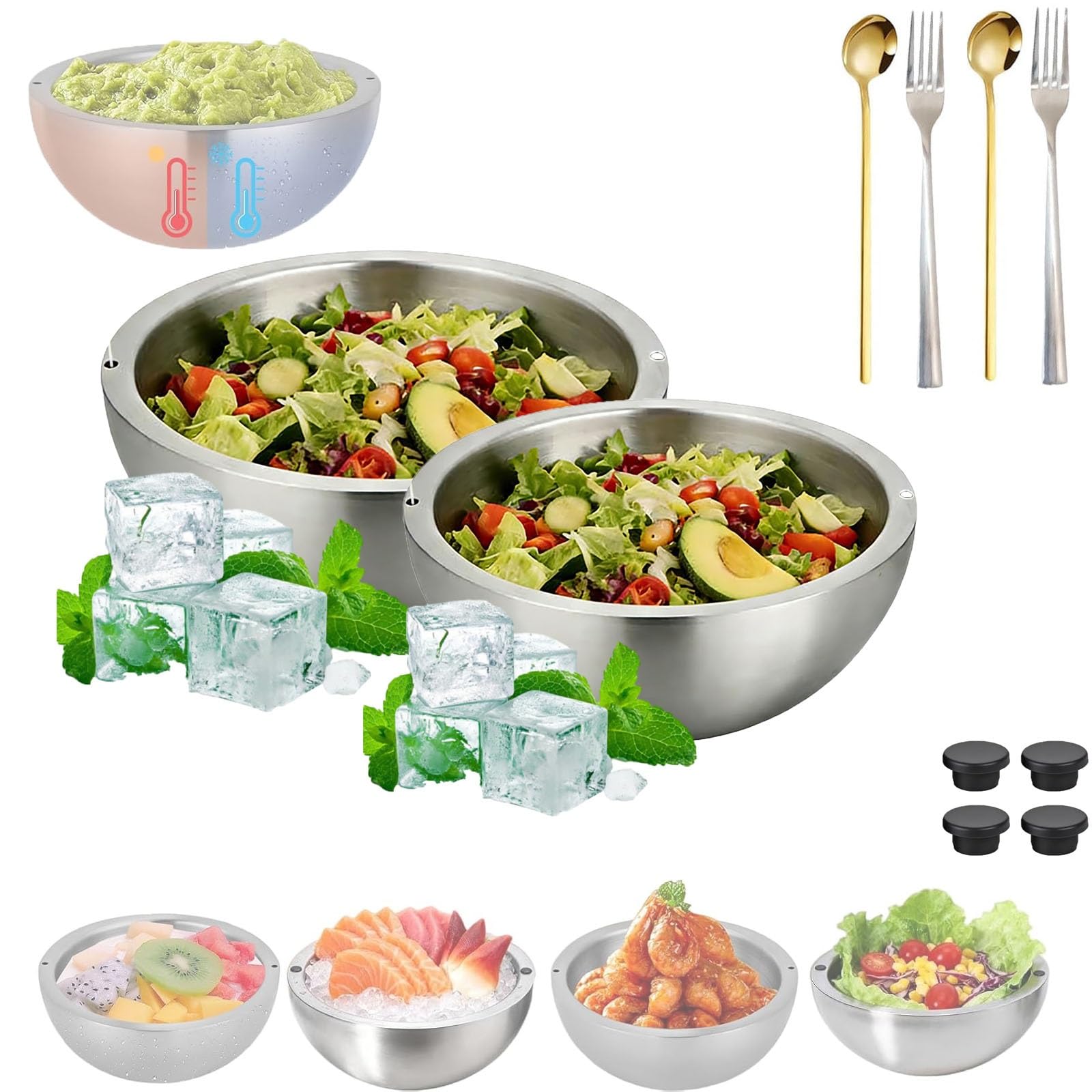Genérico Ensaladera y Recipiente para Salsas de Acero Inoxidable 304 con Aislamiento de Doble Pared, para Servir Alimentos Calientes Y FríOs con Dos Orificios de Agua Para Salsas FríAs(2pcs)