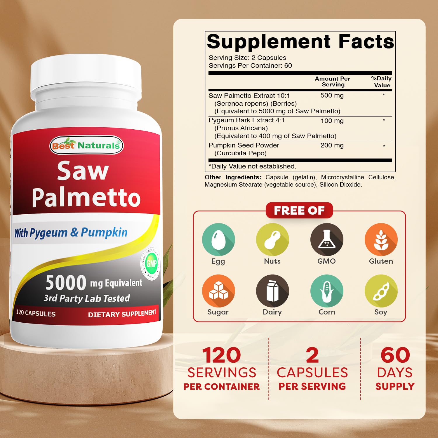Best Naturals Saw Palmetto 10:1 Extract Prostate Supplements for Men - 120 Capsules - Made with Pygeum Bark 4:1 Extract & Pumpkin Seed Powder — Amazon image 2