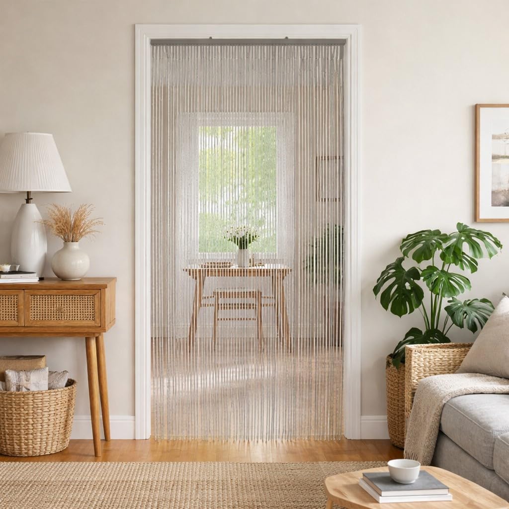 EVIDECO French Home Goods Bamboo Beaded Door Curtain 65 Strings 79" W x 36" W Gray