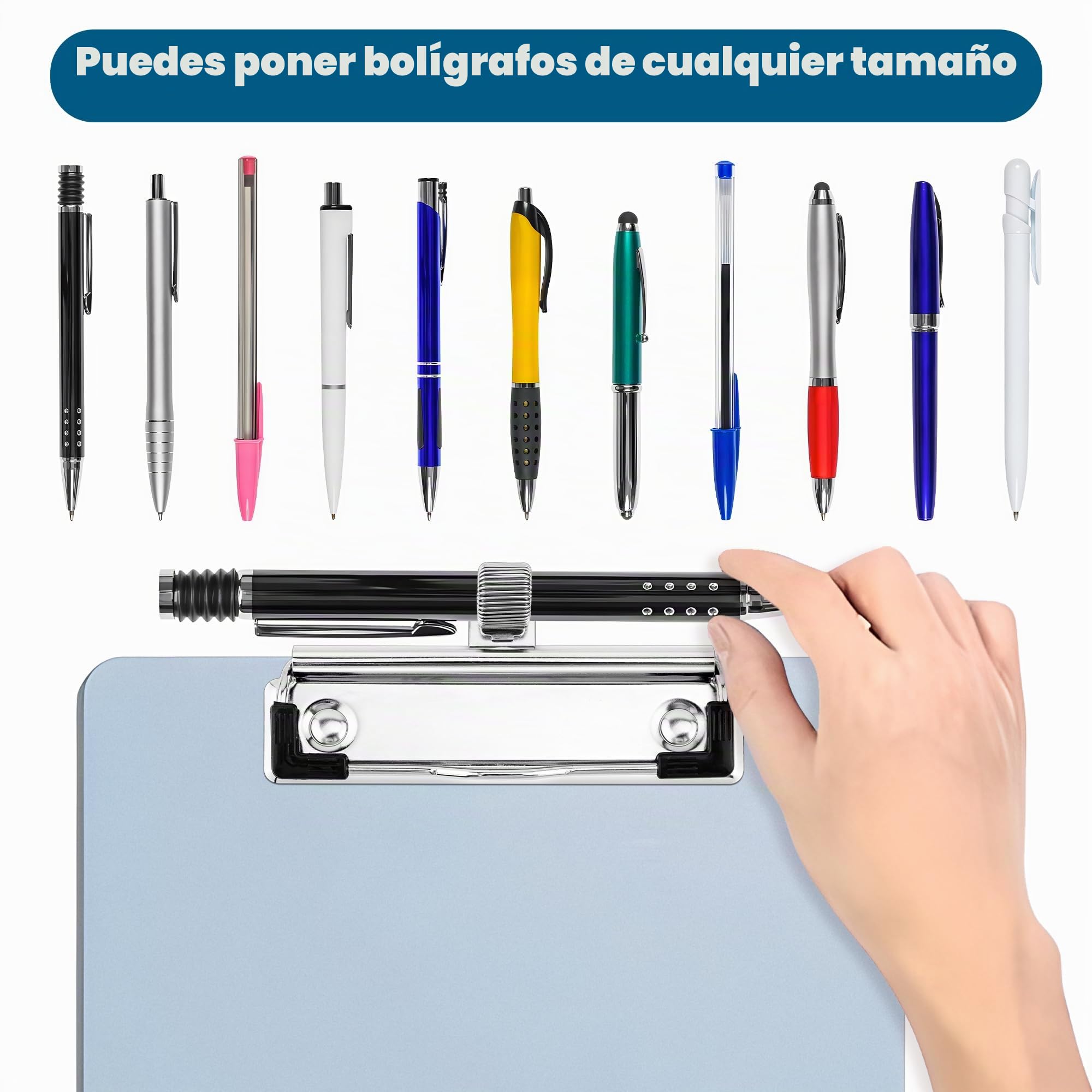 Meetory 10 Clips Portapapeles con Soporte Bolígrafos, Pinzas Metalicas A3 A4 A5, Clips Portadoocuments para Fijación en el Portapapeles Frontal, Agujero para Colgar, para Oficina, Escuela, Papelería