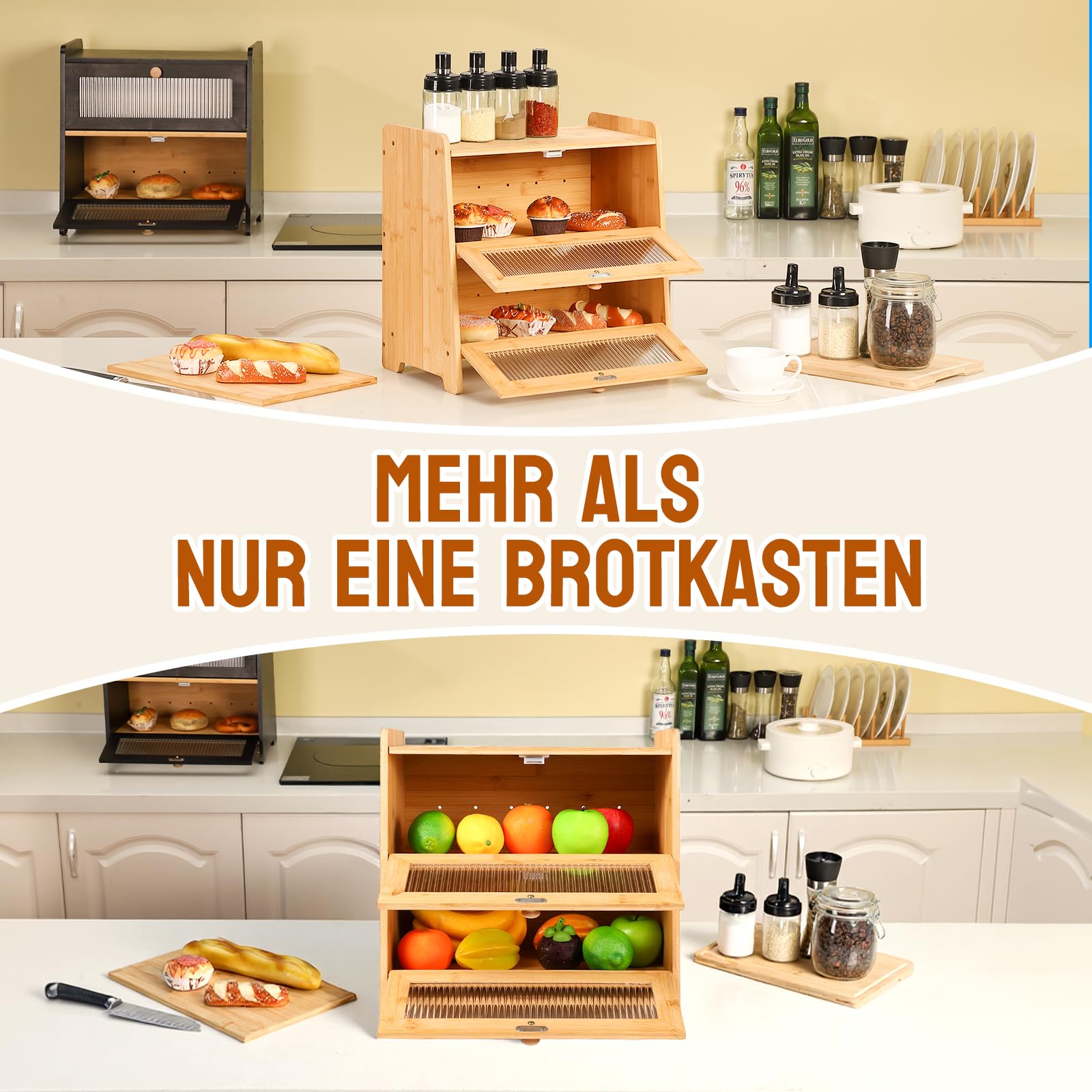 HAUSPROFI Brotkasten Bambus 2 Etagen, Brotkästen Holz mit Schneidebrett Belüftung Gewelltes Sichtbares Fenster, Elegant Brotbox Küche zur Brotaufbewahrung, Bread Box 40x25x40cm Groß