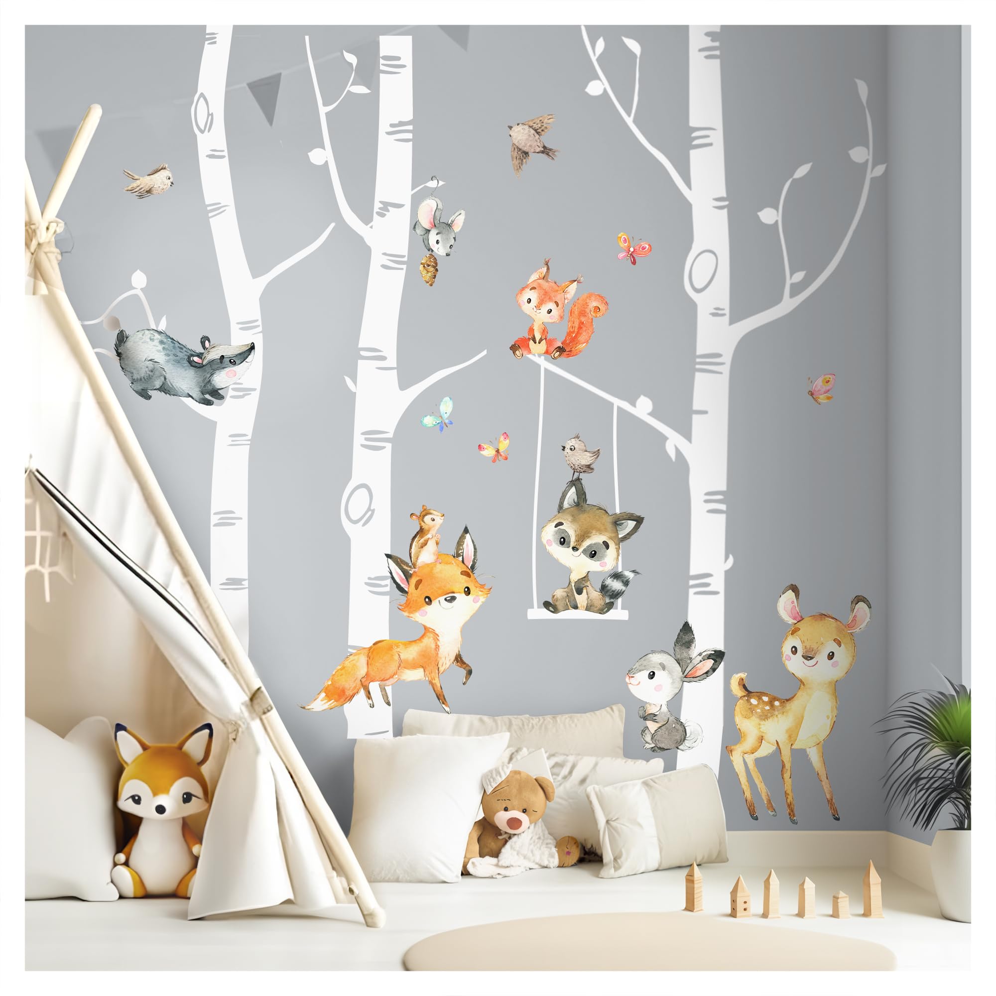 Wandsticker Groß Birkenstämme Set Wandtattoo Waldtiere Kinderzimmer Babyzimmer Wandaufkleber Fuchs REH Wanddeko DK1094-4