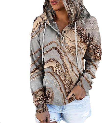 Womens Lightweight Hoodie Plus Size Trendy Printed Sweatshirts Casual V Neck Button Pullover Long Sleeve 2023 Tops