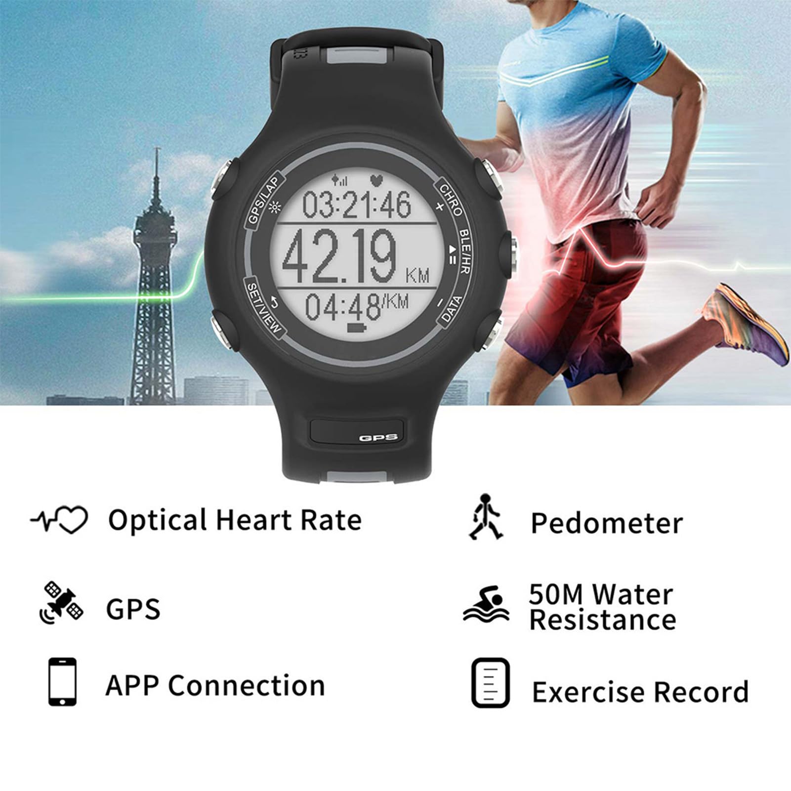 Ejoyous EZON GPS Sportuhr, Schwarz (Black)
