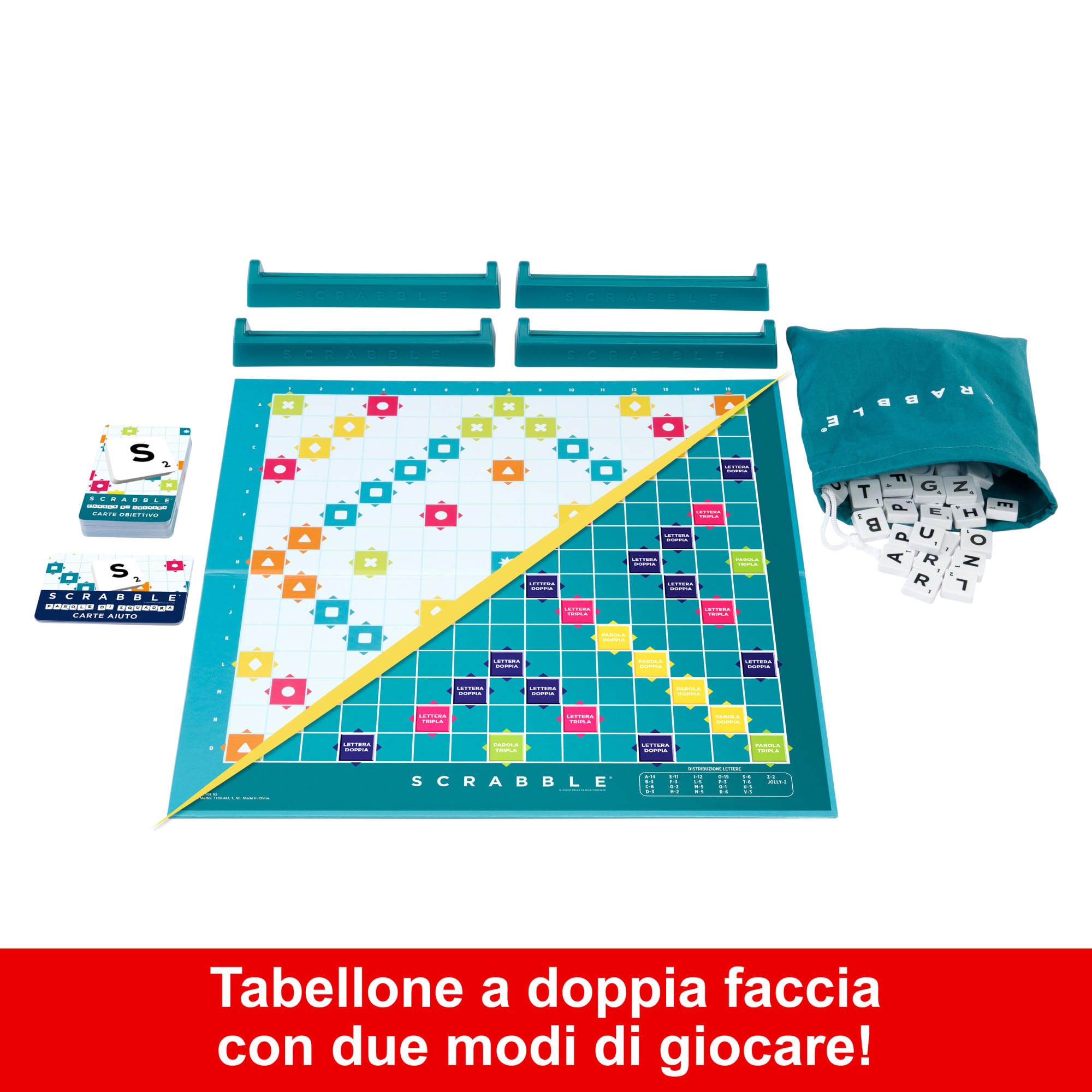 Visita lo Store di Mattel Games Mattel Games Scrabble - Il gioco da tavolo delle parole, nuova versione con doppio tabellone e modalità Parole di Squadra, include 50 Obiettivi, edizione italiana, 8+ anni, HXW03 in use