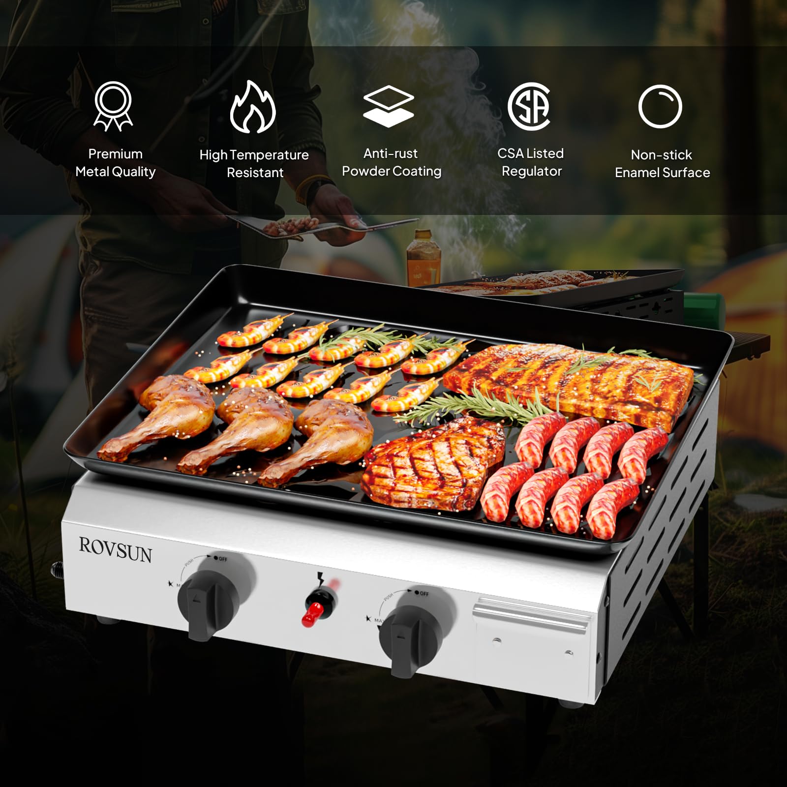 ROVSUN Camping Gasgrill Tischgrill aus Edelstahl, mit 2 Brennern, 4,8 kw, Emaillierter Antihaft-Grillplatte & ein-klick-Zündung für Camping, Garten & Strand, ohne Strom 44x39x16 cm
