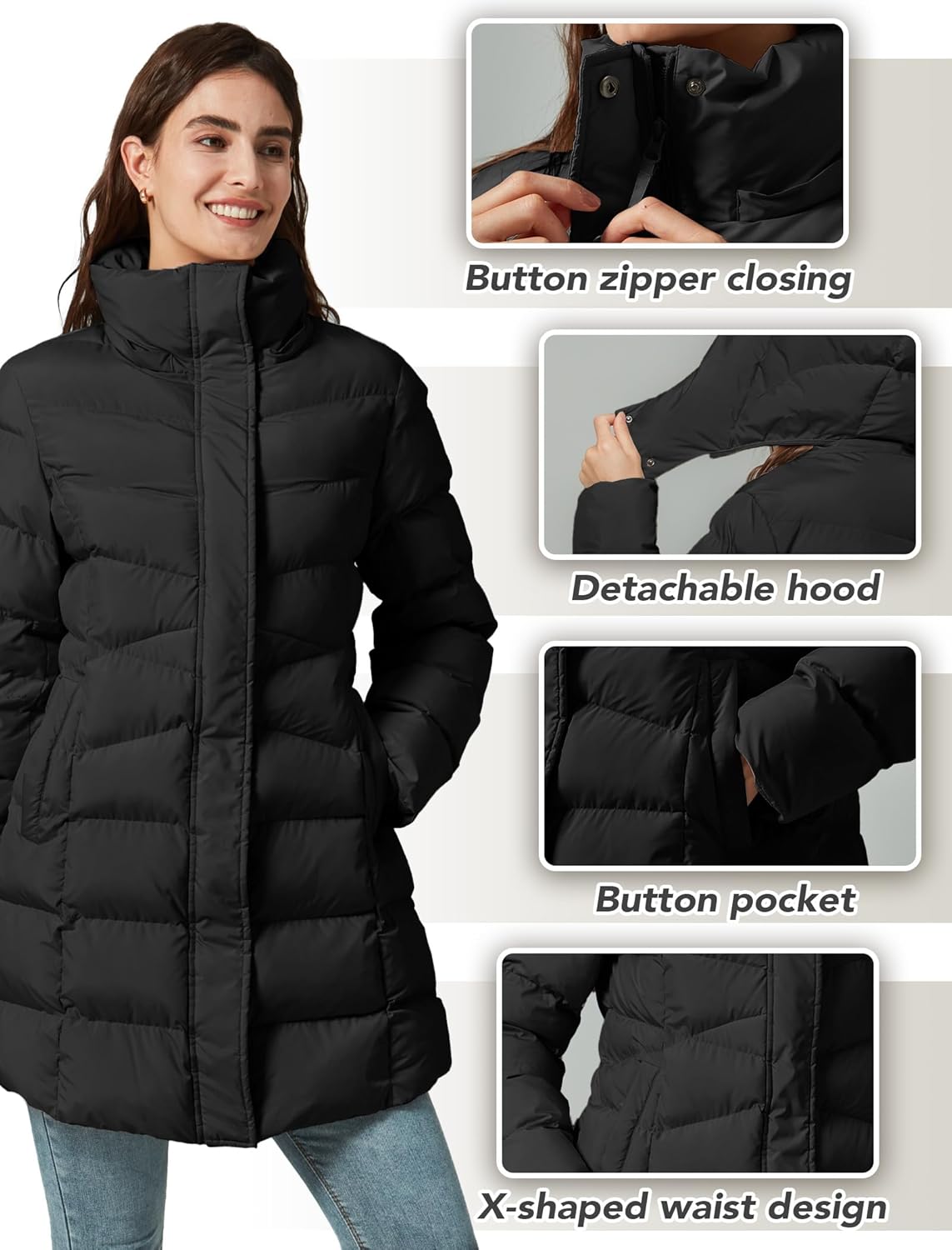 Women's Winter Warm Long Puffer Jacket Detachable Hood Quilted Thicken Coats - Image 5