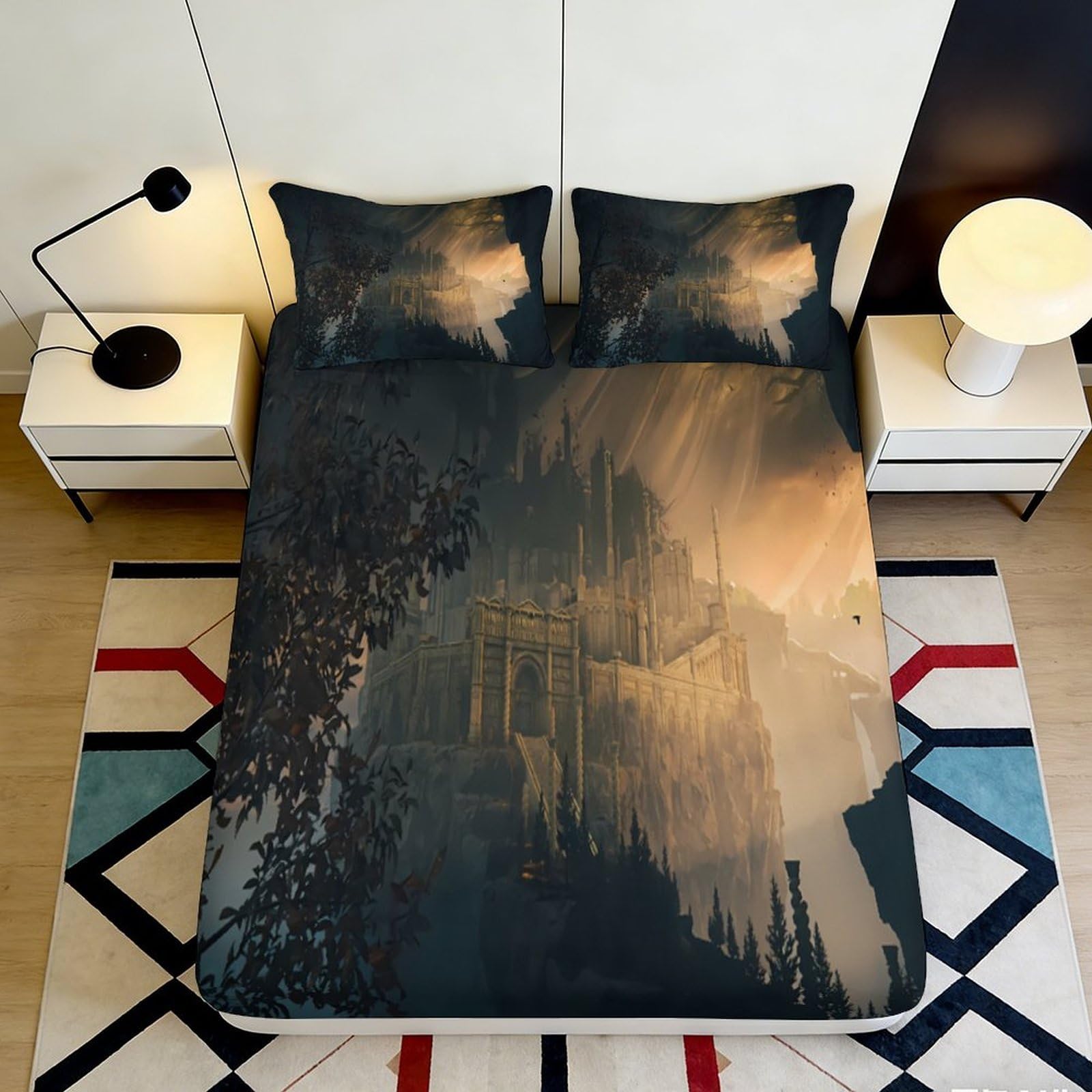 Pnayamiorkfel Style-4 3D Printed Fantasy Castle Fitted Sheet Microfiber Soft Dark Gothic Architecture Bed Cover For Bedroom Dorm Decor 90X200x25cm