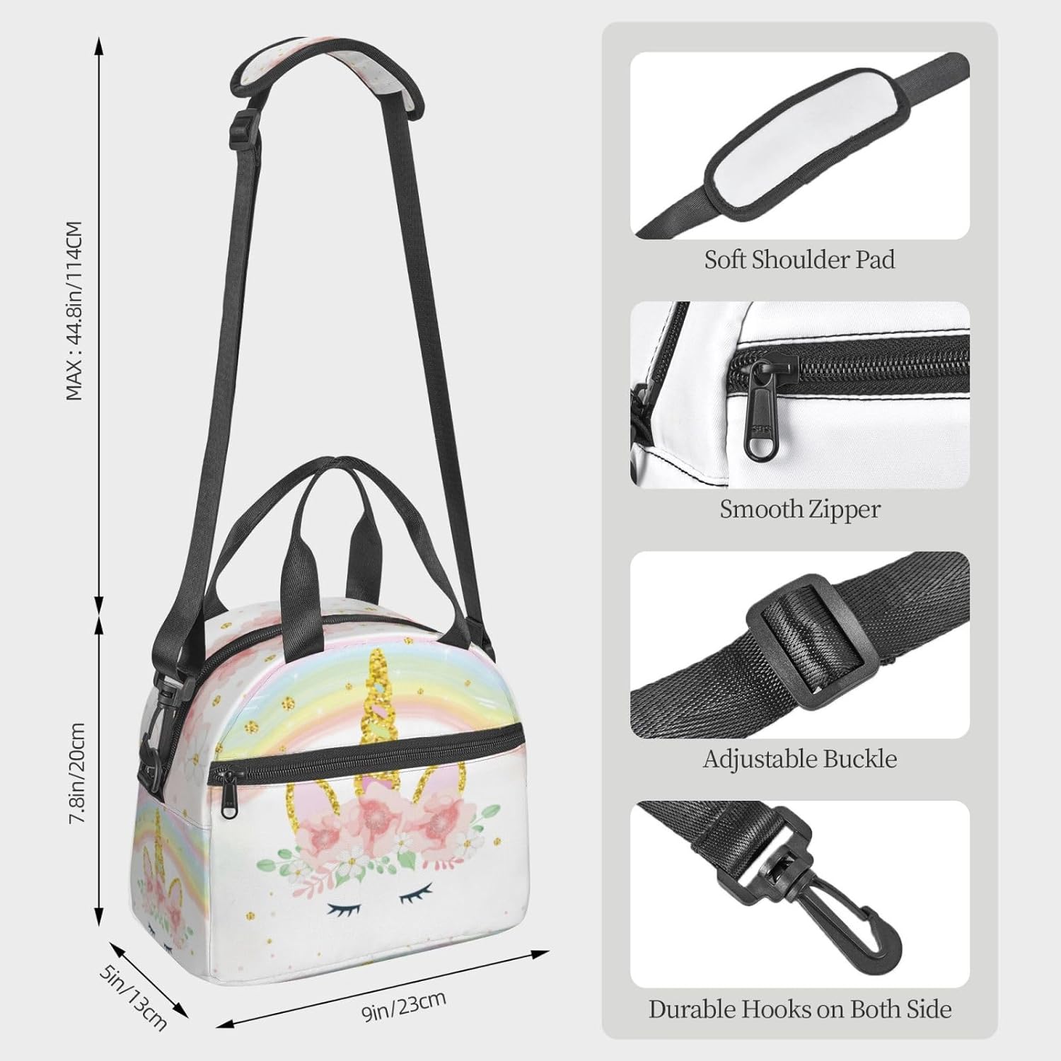 Flowers Magic Pink Unicorn Lunch Bag For Women Men Zippered Glitter Rainbow Lunch Box Tote Bag For Travel Work Picnic Beach With Adjustable Strap Exterior Pocket