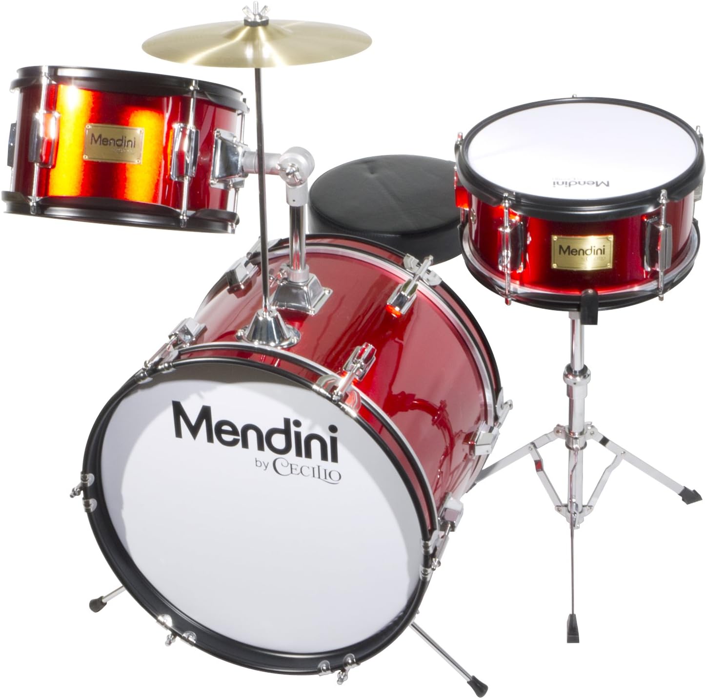 Mendini By Cecilio Drum Set, 3 Piece Junior Drum Set for Beginners with Bass Tom Snare Drum, 16 inch Drum Kit with Snare, Cymbal, Drumsticks, Adjustable Seat (Metallic Red)