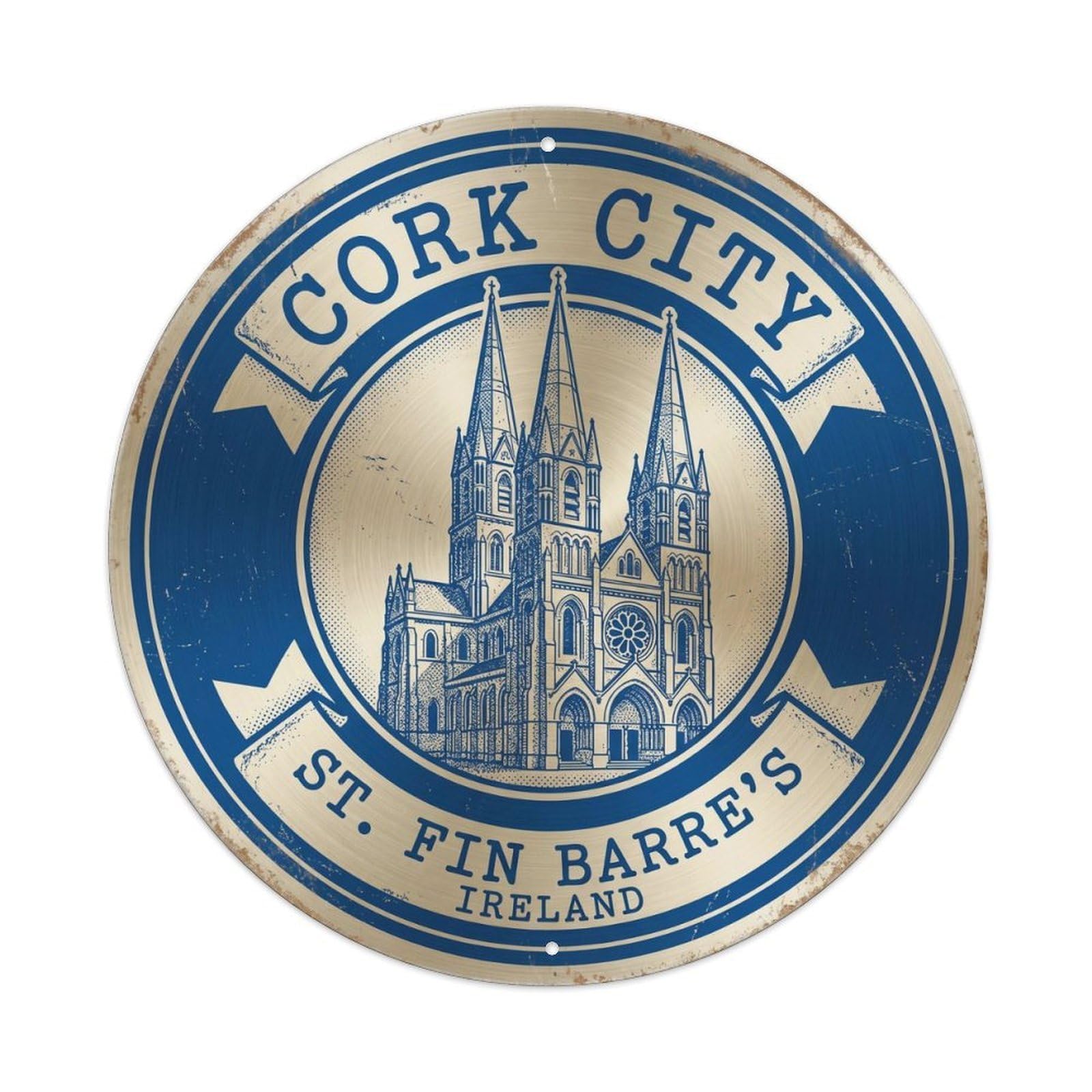 Vintage Travel Cork Cathedral Ireland Artwork Metal Tin Sign Plaque Wall Decor for Cafe, Club, Garden Round Metal Poster 8x8Inch