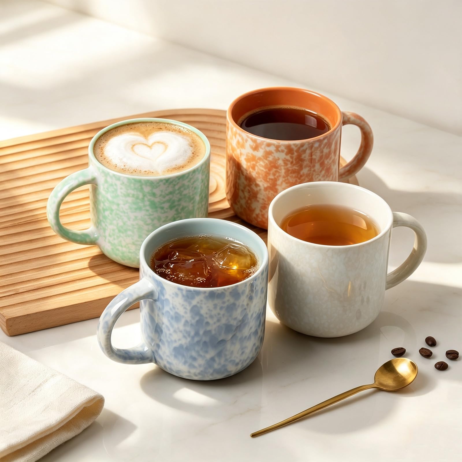 MONITO Kaffeetassen aus Steingut, Keramik, 355 ml, mehrfarbig, Sternenmuster, 4 Stück, 355 ml, mikrowellen- und gefriergeeignet, Trinkbecher, Becher, Becher, Becher, Zuhause, alle Anlässe