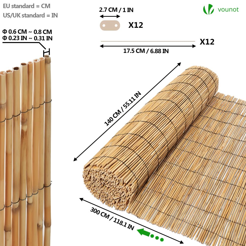 vounot Pudel z naturalnej trzciny 140 x 300 cm, osłona w rolkach z mocowaniami, ochrona przed spojrzeniami, dekoracyjne ogrodzenie zewnętrzne, do ogrodu, na taras i balkon