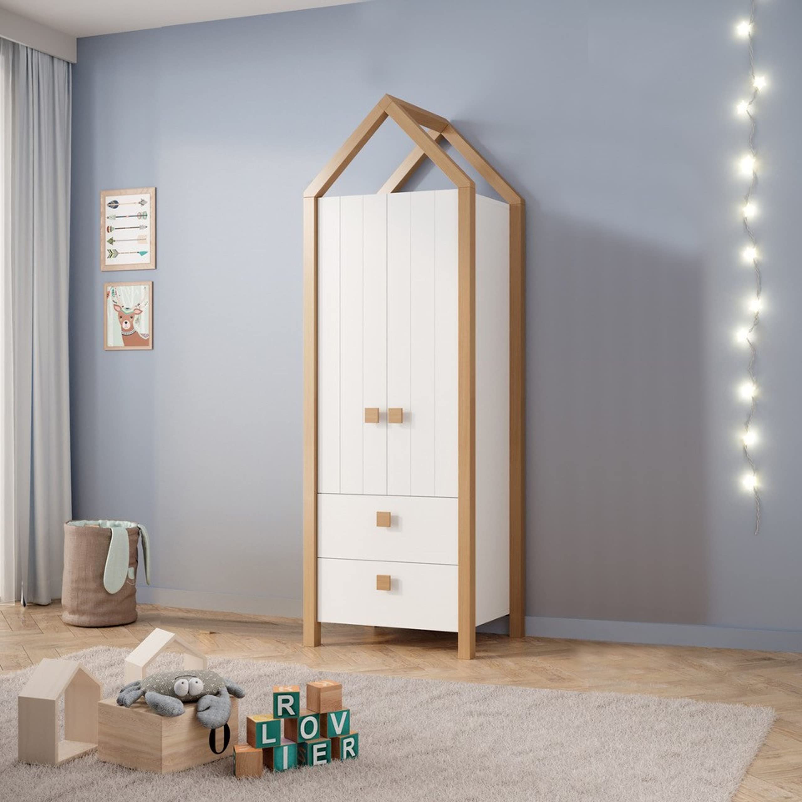 BEACH Babyzimmer Kleiderschrank Drehtürenschrank Kiefer Weiß Birke Optik 76 x 226 x 55 cm