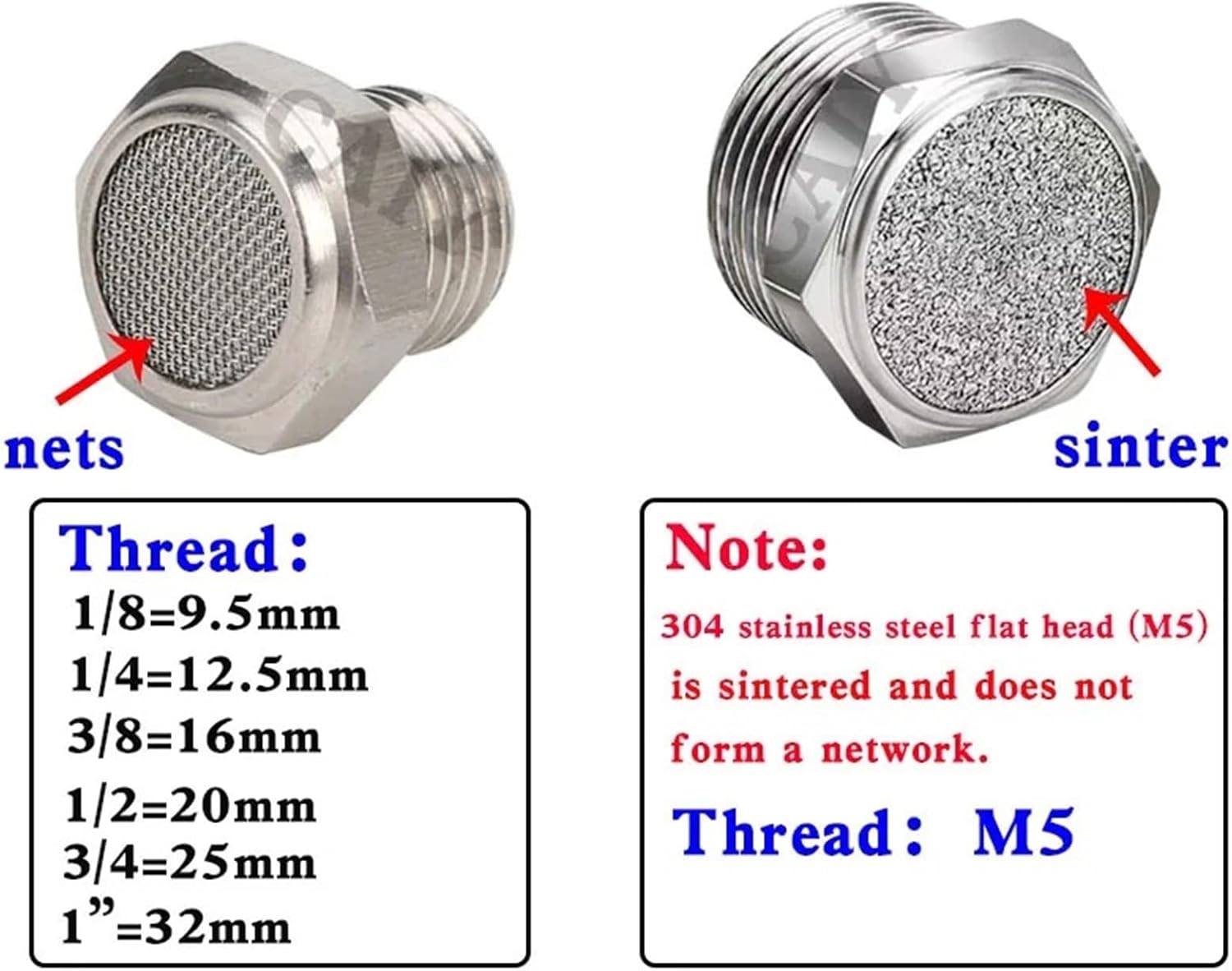 304 Stainless Steel Flat Pointed Muffler Fitting M5 1/8 1/4 3/8 1/2Inch Male Muffler Air Silent Filter Connector(Long Head,1")