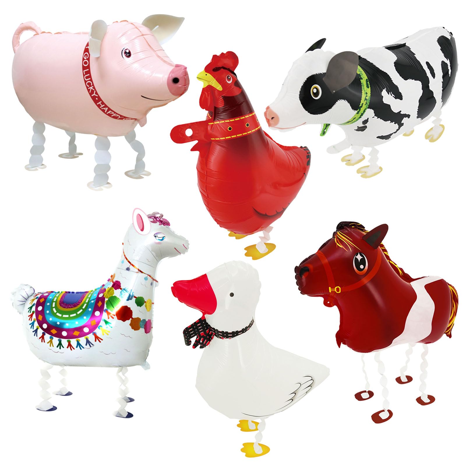 6 Pcs Farm Animal Balloons - Large Cow Horse Duck Chicken Pig Llama Mylar Foil Balloons for Birthday Party, Baby Shower, Farm Theme Party Supplies