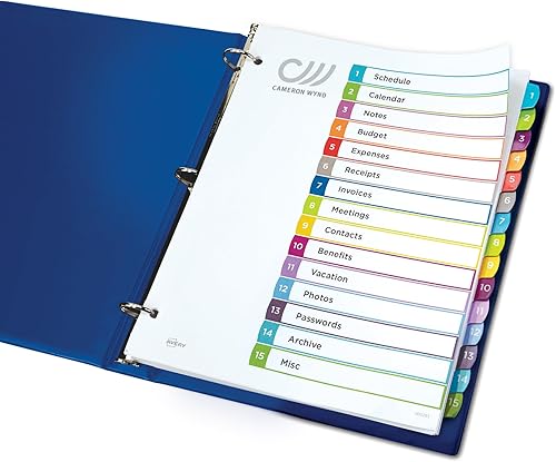 Miniatura 9 de Avery Separadores de 15 pestañas para carpetas de 3 anillas, tabla de contenido personalizable, pestañas multicolor, 1 juego (11845)