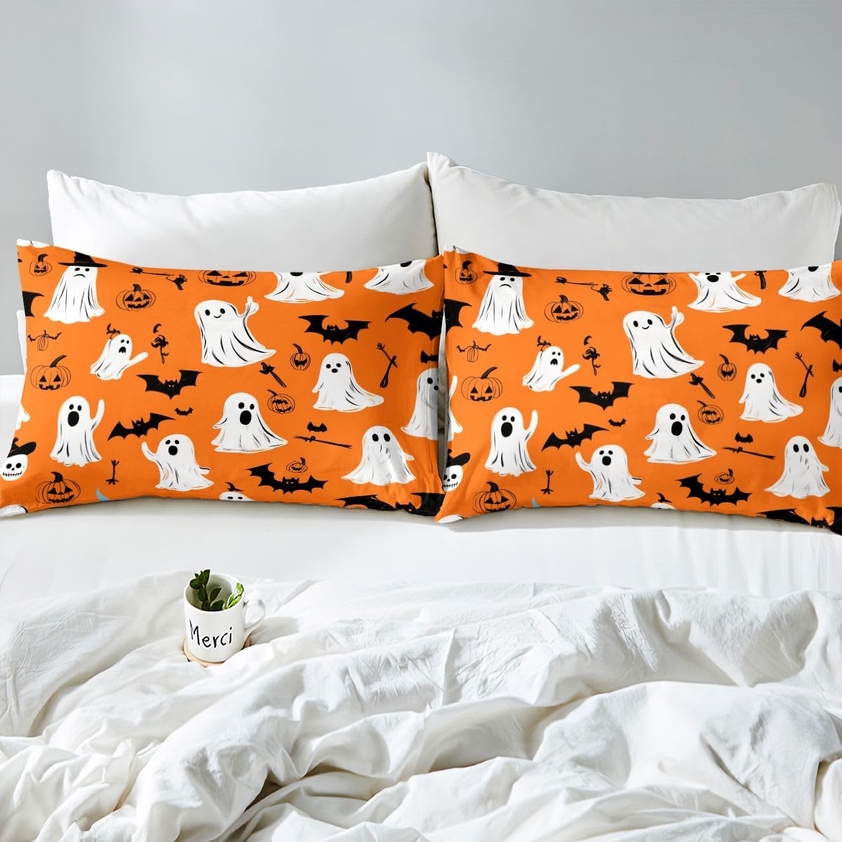 Loussiesd Happy Halloween poszewka na kołdrę super king size chłopcy dziewczęta pajęczyna duch nietoperz dynia zestaw pościeli oddychająca miękkie pomarańczowe tło narzuta na łóżko 3 szt. dekoracja