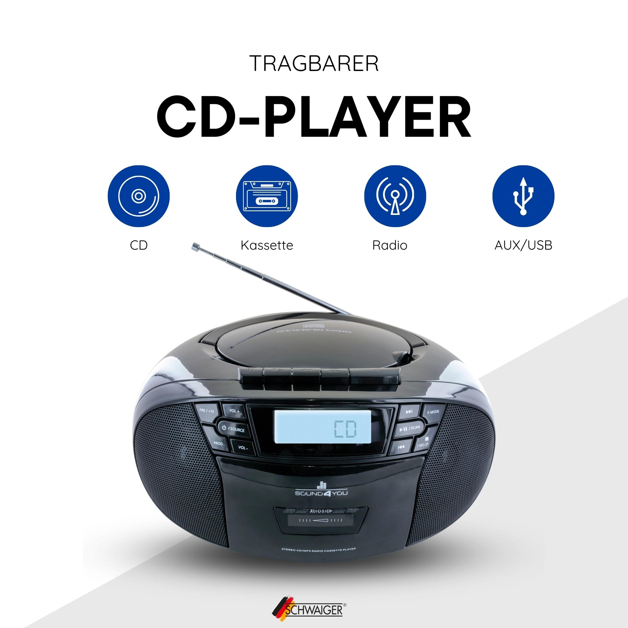 SCHWAIGER -658026- Przenośny odtwarzacz CD z kasetami i radiem | MP3 | Złącze USB | Radio FM | Słuchawki AUX | Boombox | Stereo | do domu i w podróży | Zasilanie sieciowe i akumulatorowe | Wyświetlacz