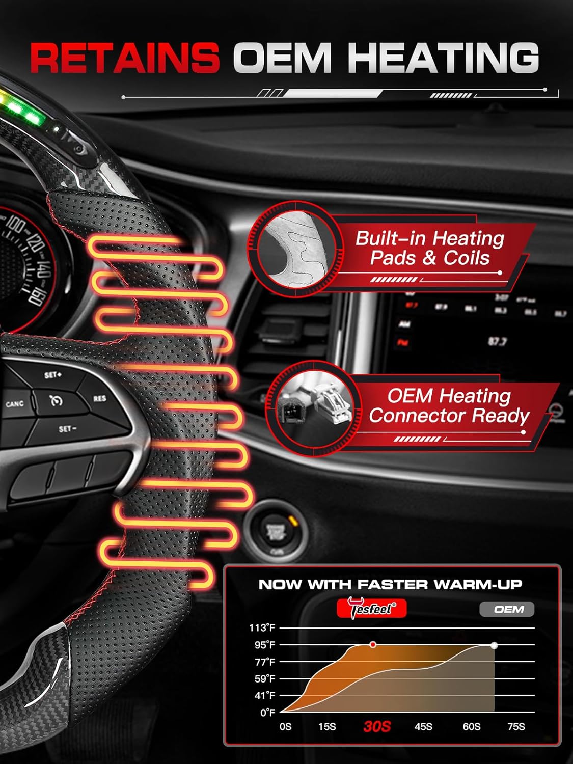 Heated Carbon Fiber Steering Wheel for Dodge Charger/Challenger/Durango (2015–2024), D-Shaped Flat-Bottom, LED Shift Indicator (SXT/GT/RT/SRT/For Hellcat)，with Heating Adapter