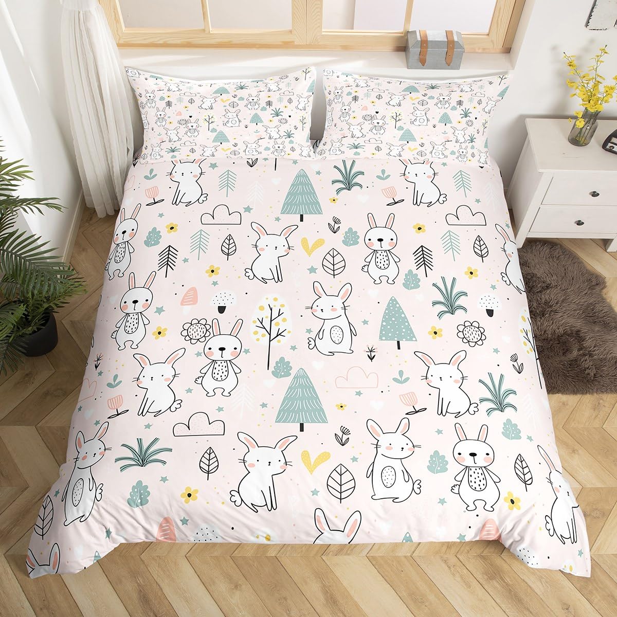 Homemissing Cute Rabbit Bedding Set Cartoon Bunny Duvet Cover Kawaii Animal Single Comforter Cover for Kids Boys Girls Botanical Plant Bedspread Cover Lightweight Bedclothes