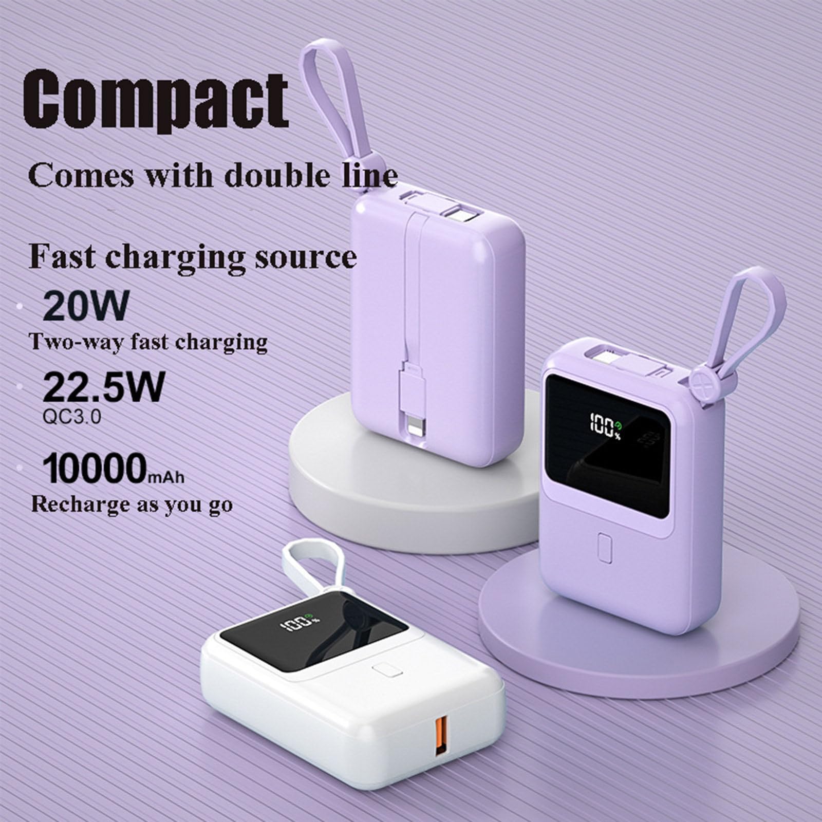 2 szt. 10000 mAh Mini samodzielny przewodowy powerbank PD20W kompaktowy przenośny szybki zasilacz mobilny o dużej pojemności,Purple